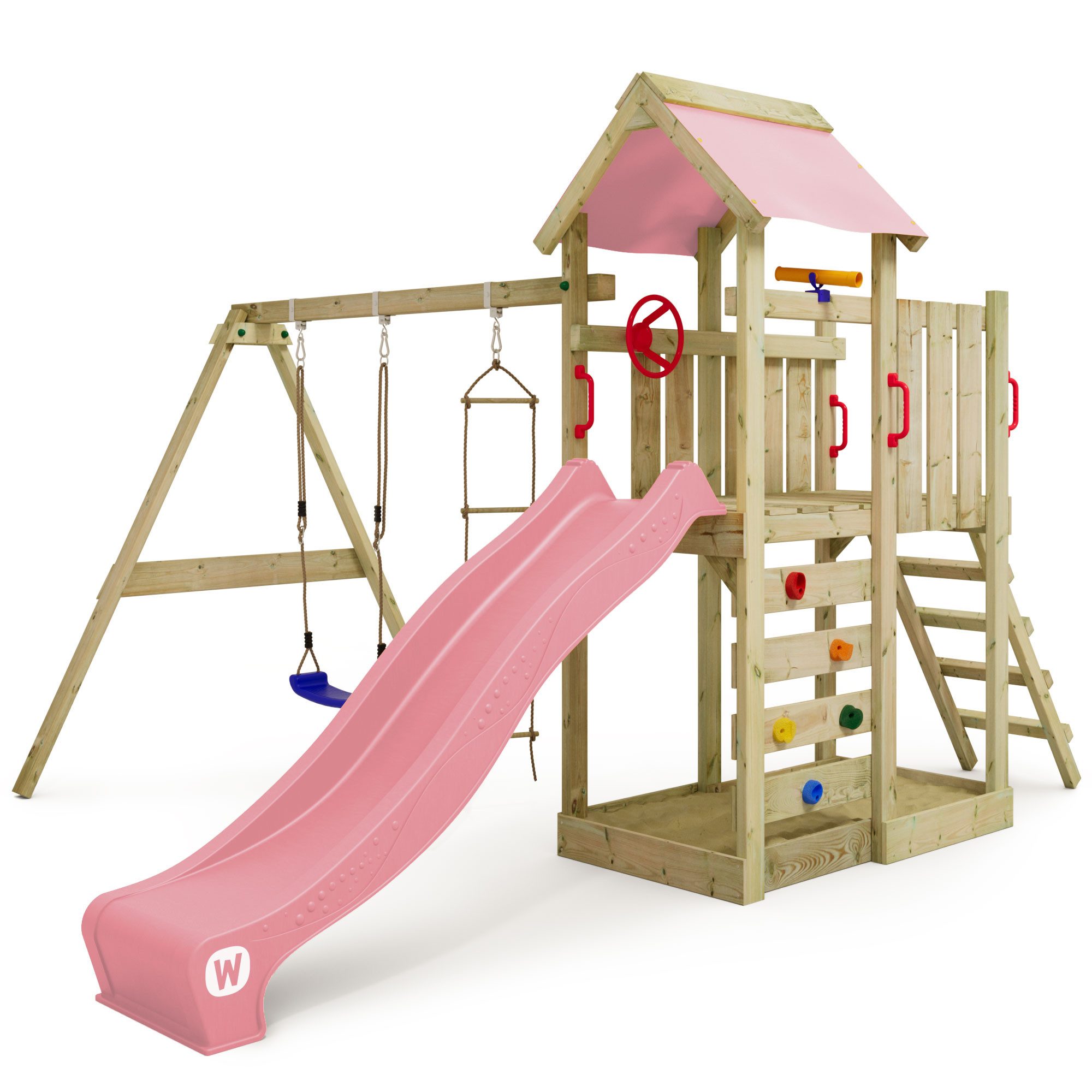 Wickey Spielturm MultiFlyer mit Schaukel & Rutsche und Kletterleiter, 10-Jahre Garantie*, Integrierter Sandkasten, Klettersteine