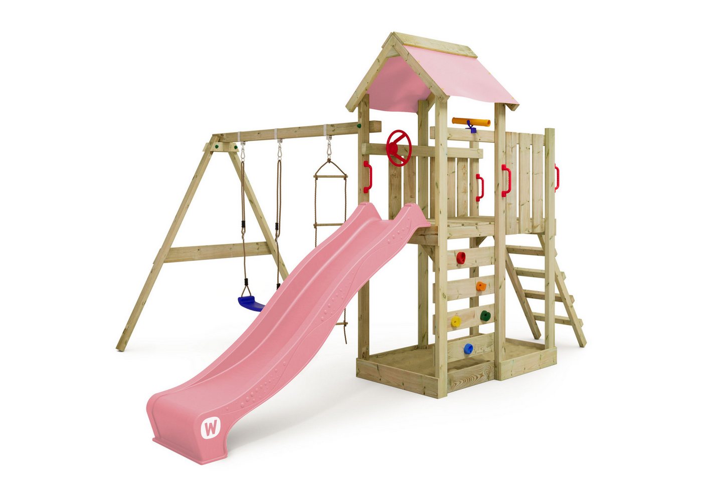 Wickey Spielturm MultiFlyer mit Schaukel & Rutsche und Kletterleiter, 10-Jahre Garantie*, Integrierter Sandkasten, Klettersteine