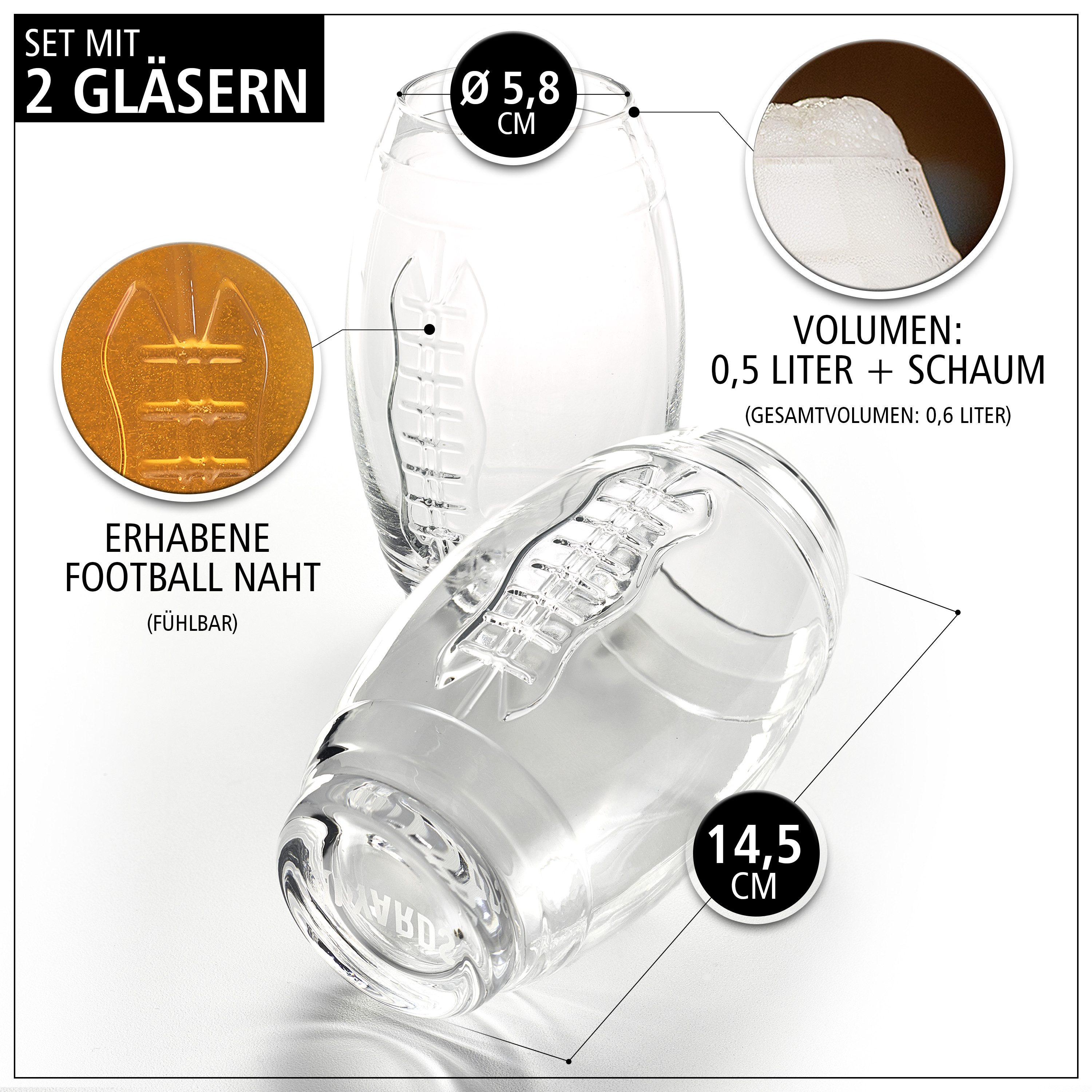 40YARDS Bierglas American Football Glas (2er Set) mit erhabener Football Naht (600 ml), 2-tlg., 100% Glas, erhabene, fühlbare Naht – Bild 5 von 5