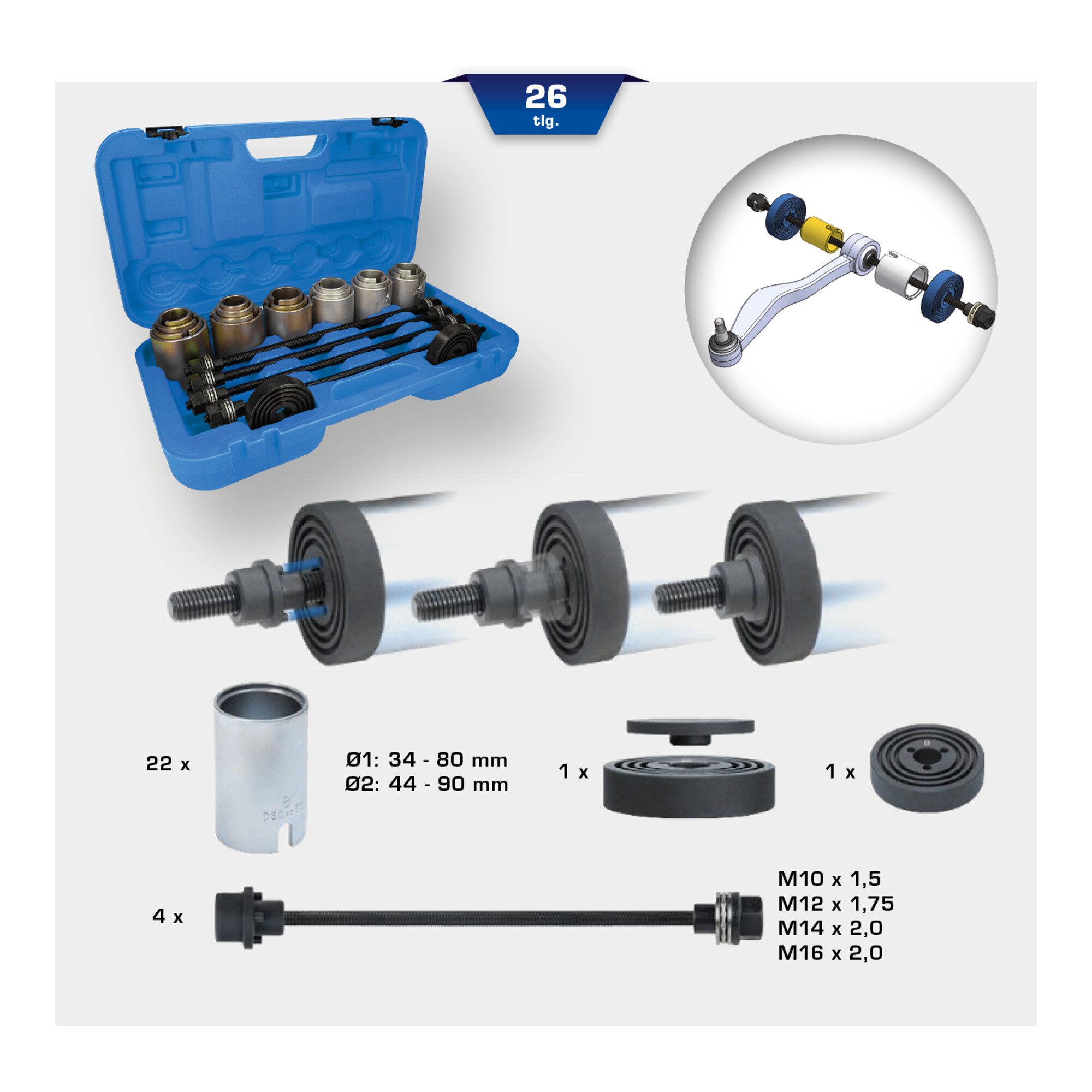 Brilliant Tools Werkzeugset Brilliant Tools Zug- und Druckhülsen-Satz, mit 4 Spindeln, 26-tlg