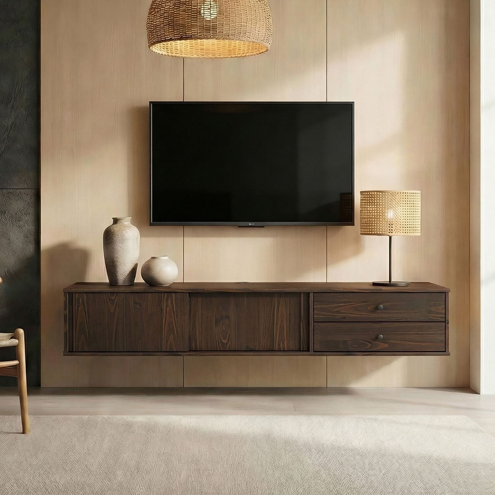 IDIMEX Lowboard SIMONA, TV Lowboard 175 cm hängend Massivholz 2 Schiebetüren Nussbaum Finish