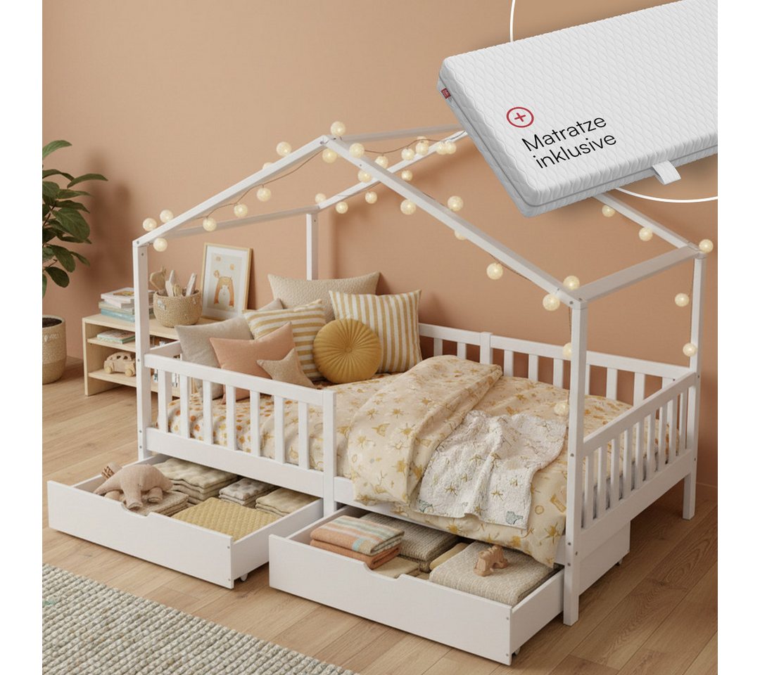 Bellabino Kinderbett Bia mit Rausfallschutz & Lattenrost (weiß, mit zwei Schubladen und Matratze), Kinderbett aus Kiefernholz, verfügbar in 80x160/90/120/140x200 cm