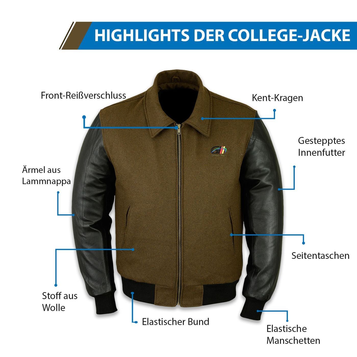Wear Collegejacke CJ001 Wolljacke Collegejacke mit Khaki German Lederärmeln