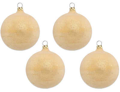 Thüringer Glasdesign Weihnachtsbaumkugel Perlentau Gold Ø 6 cm (4 Stück) - Glas Christbaumkugeln Made in Germany (4 St), Mundgeblasen