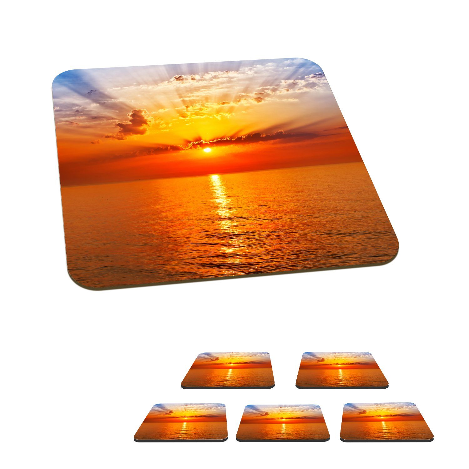 MuchoWow Glasuntersetzer Sonnenuntergang - Meer - Himmel - Orange - Horizont - Wasser, Zubehör für Gläser, 6-tlg., Glasuntersetzer, Tischuntersetzer, Korkuntersetzer, Untersetzer, Tasse