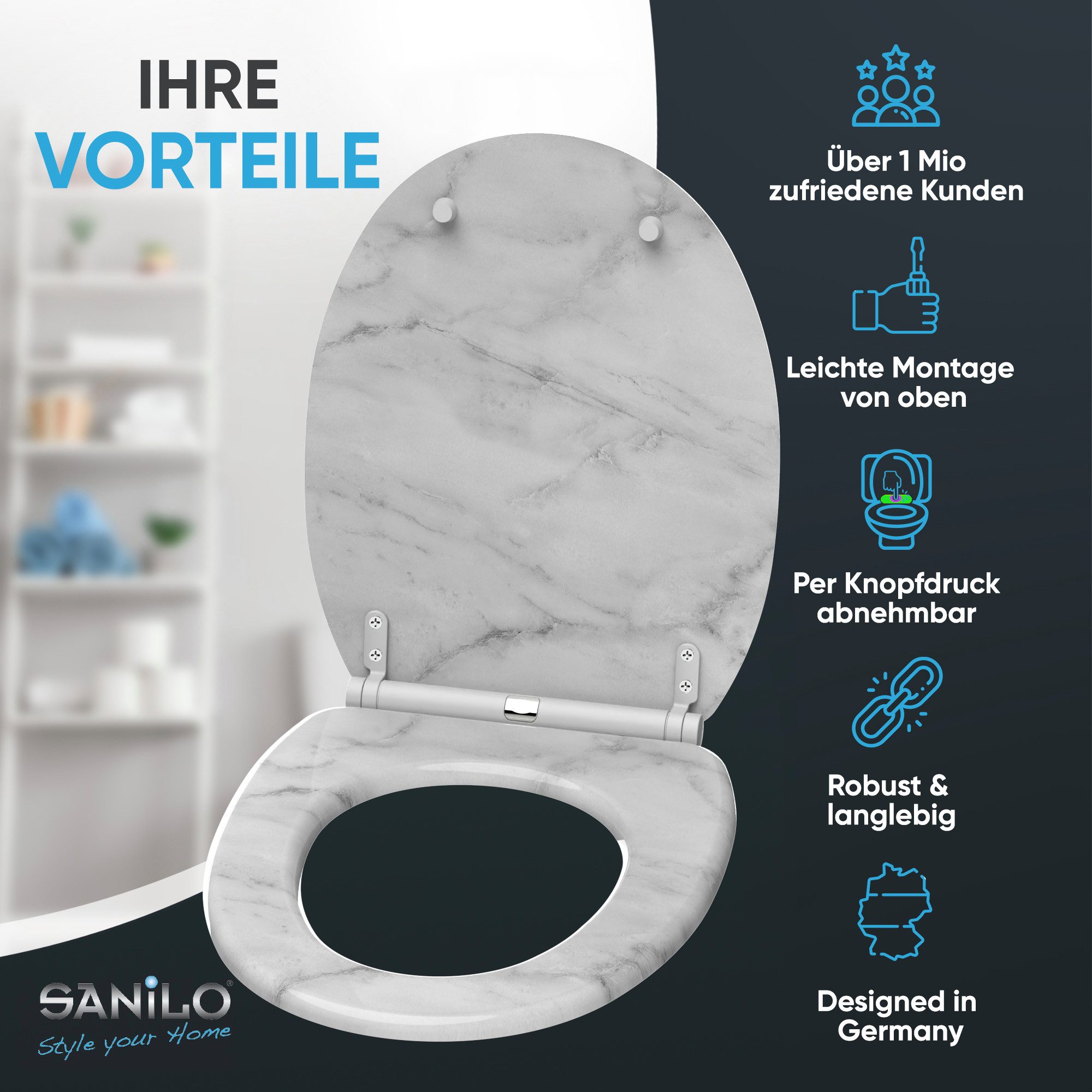 Sanilo WC-Sitz Marmor mit Absenkautomatik & Quick Release, Premium Toilettendeckel, abnehmbar, leichte Montage von oben