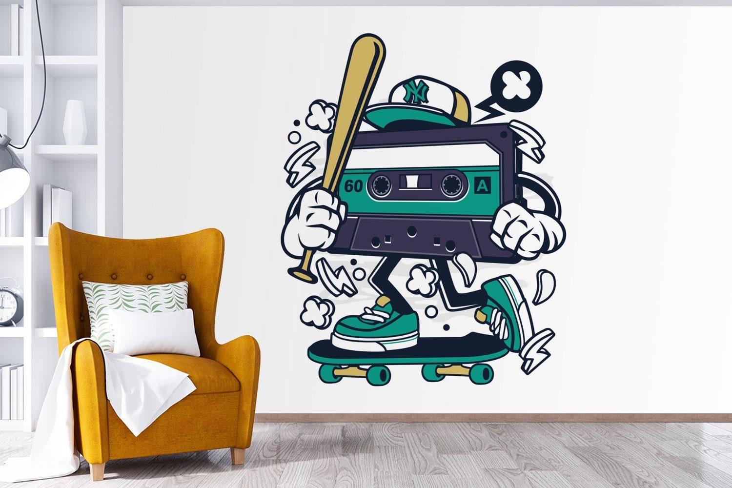 Wohnzimmer, bedruckt, - Matt, Kinderzimmer, Tapete Vinyl Baseballschläger Fototapete Kassettenkassetten Skateboard MuchoWow Wallpaper - (6 Schlafzimmer, St), für Vintage, -