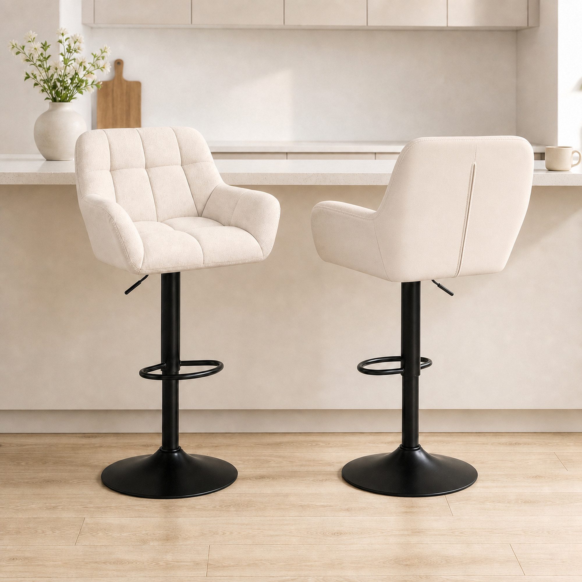 HOMCOM Barhocker Küchenstühle mit Kunstleder, Lehne und Fußstütze für Bartheke (Bistrohocker, 2 St., Barstuhl), Cremeweiß 57,5 x 52,5 x 93-114 cm