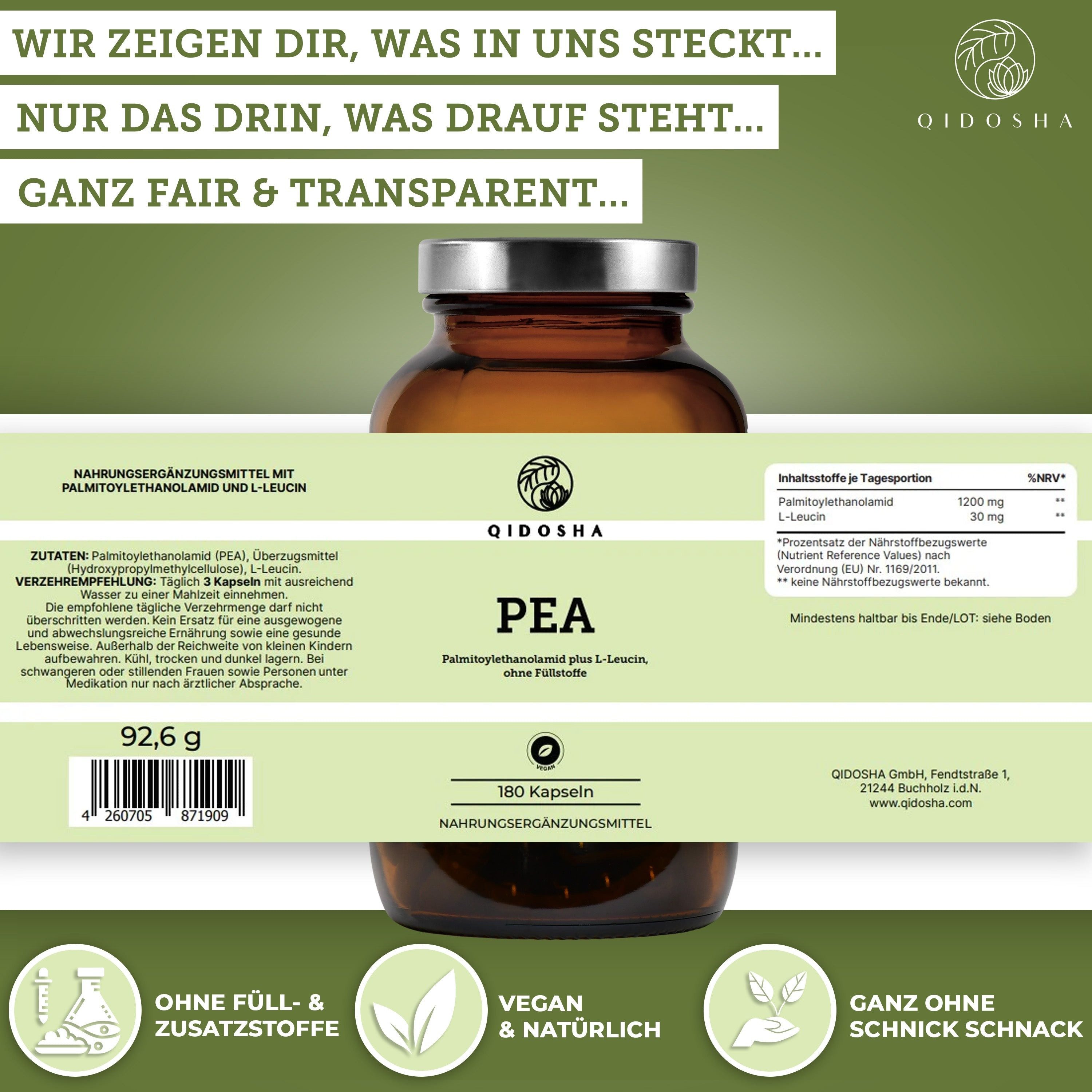 QIDOSHA Palmitoylethanolamid (PEA) Kapseln, 180 er PEA Kapseln hochdosiert, 180 Kapseln im Apothekerglas, mikronisiert, 1200mg PEA je Tagesportion, deutsche Fertigung, jede Charge laborgeprüft, plus Leucin à 180 St., 92.6 g, Palmitoylethanolamid (PEA) Kapseln plus L-Leucin online kaufen