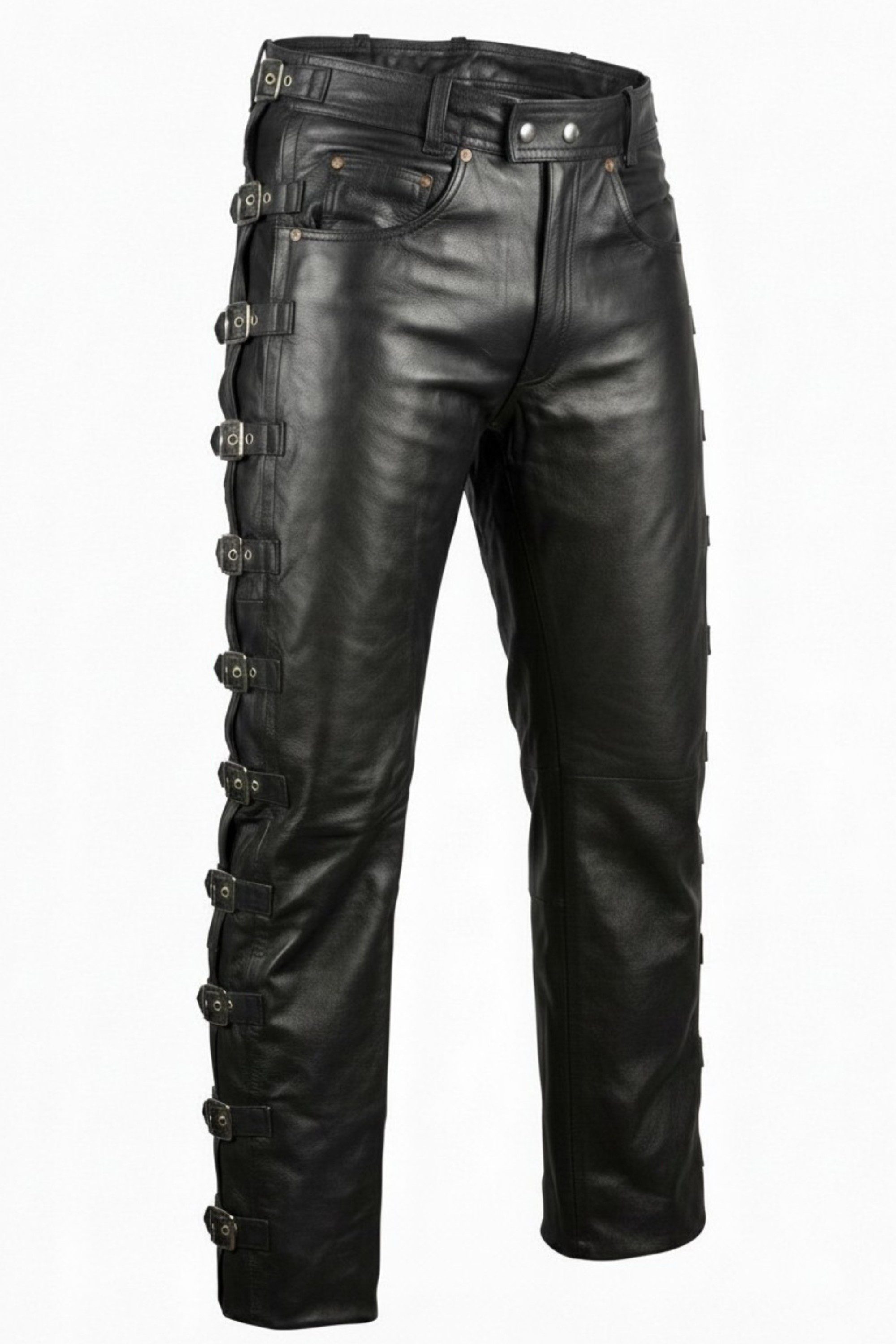 MDM Lederhose Herren Lederhose Bikerjeans mit Schnallen aus Rindsleder Schwarz Lang (1 Lederhose aus echtem Rindsleder im Bikerstil) Schnallen Biker Lederhose a – Bild 2 von 5