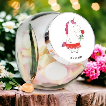 Mr. & Mrs. Panda Vorratsglas XL 2000ml Einhorn Dame - Weiß - Geschenk, Vorratsglas, Keksedose, Kaf, Premium Glas, (1-tlg), Mit Motiv