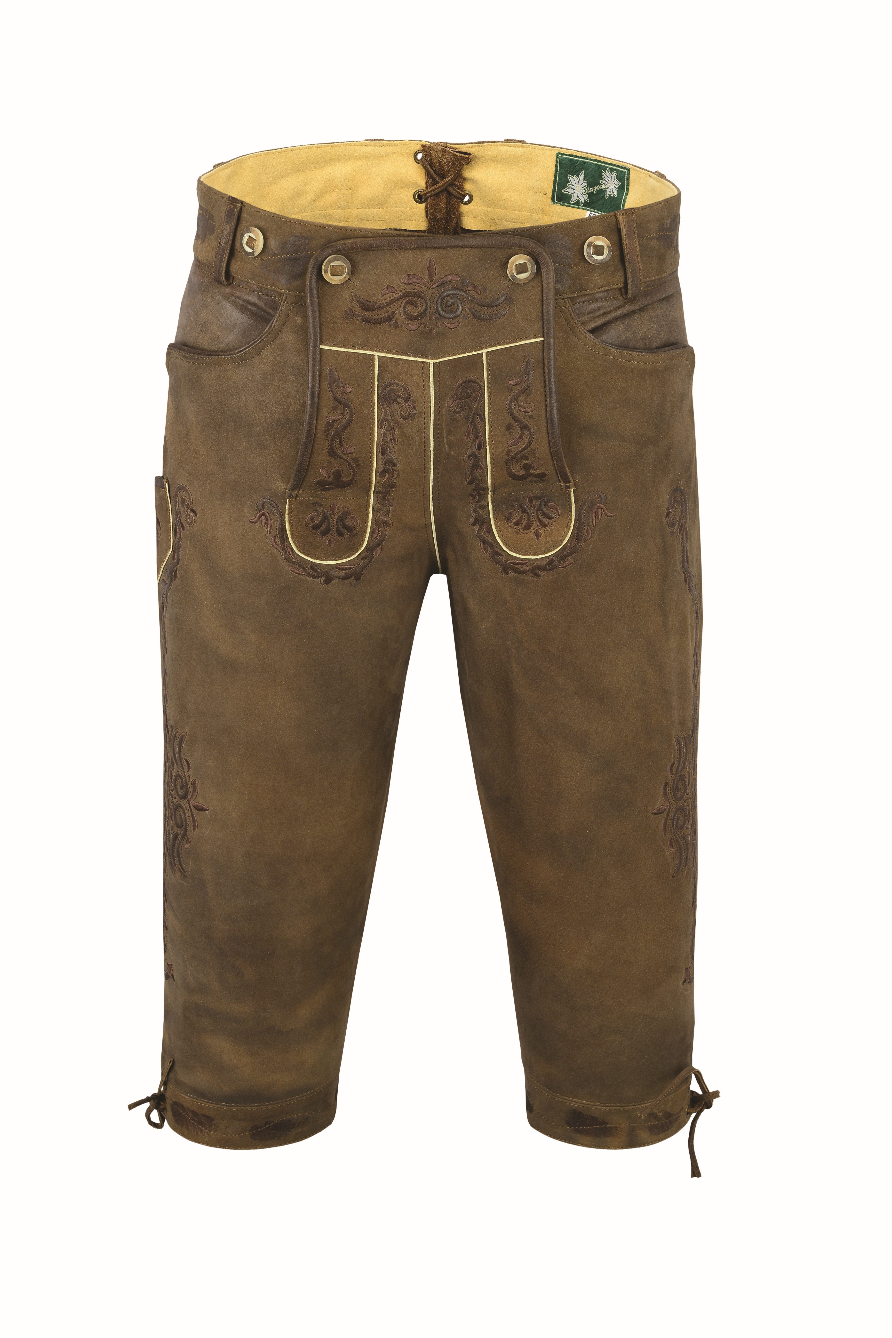 Fuente Leather Wears Lederhose Herren Kniebund Lederhose Antik Nubuk Trachtenlederhose mit Trägern Knopf