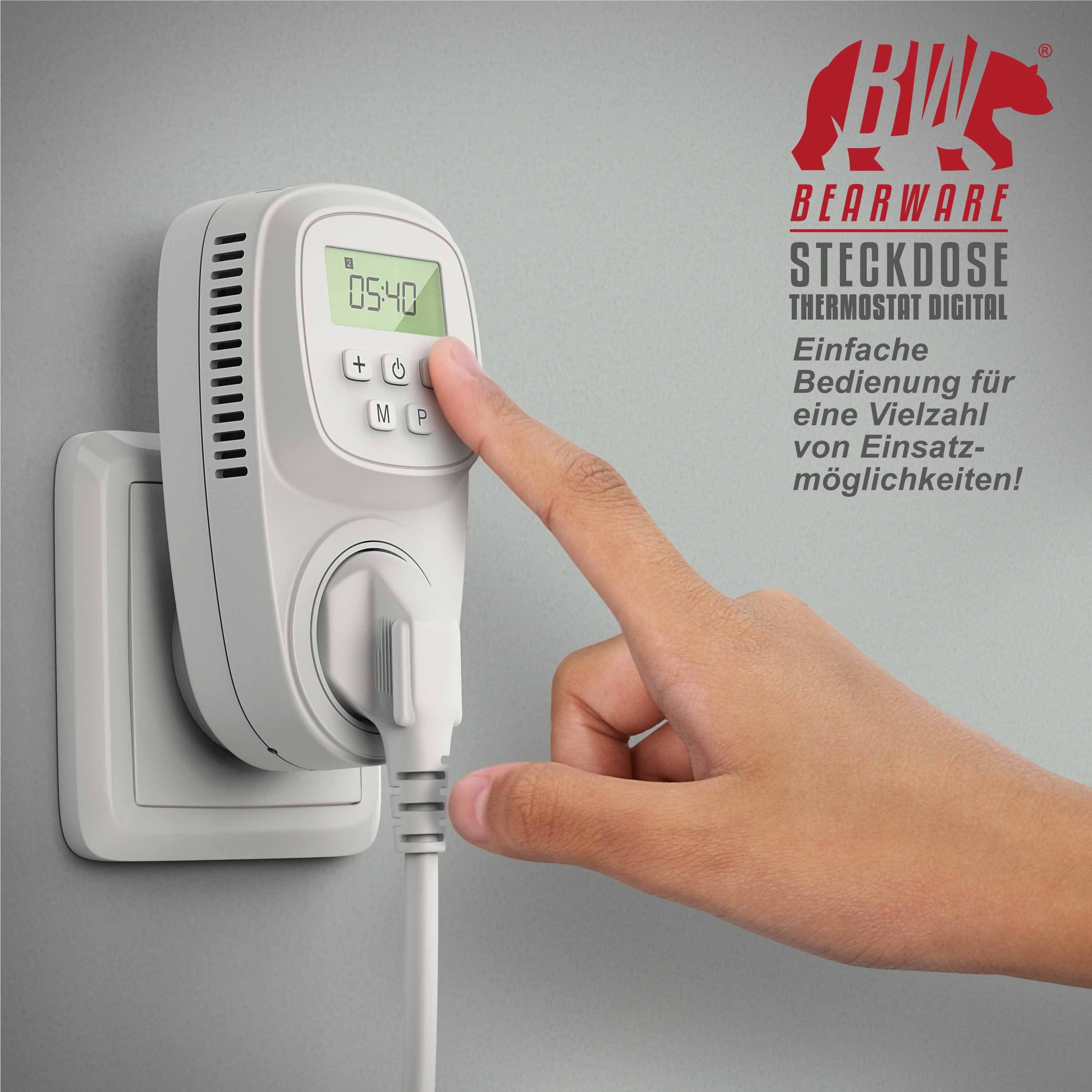 BEARWARE Steckdosen-Thermostat, max. 3680 W, 1-St., digital programmierbar, Temperaturregelung 5° – 35°C