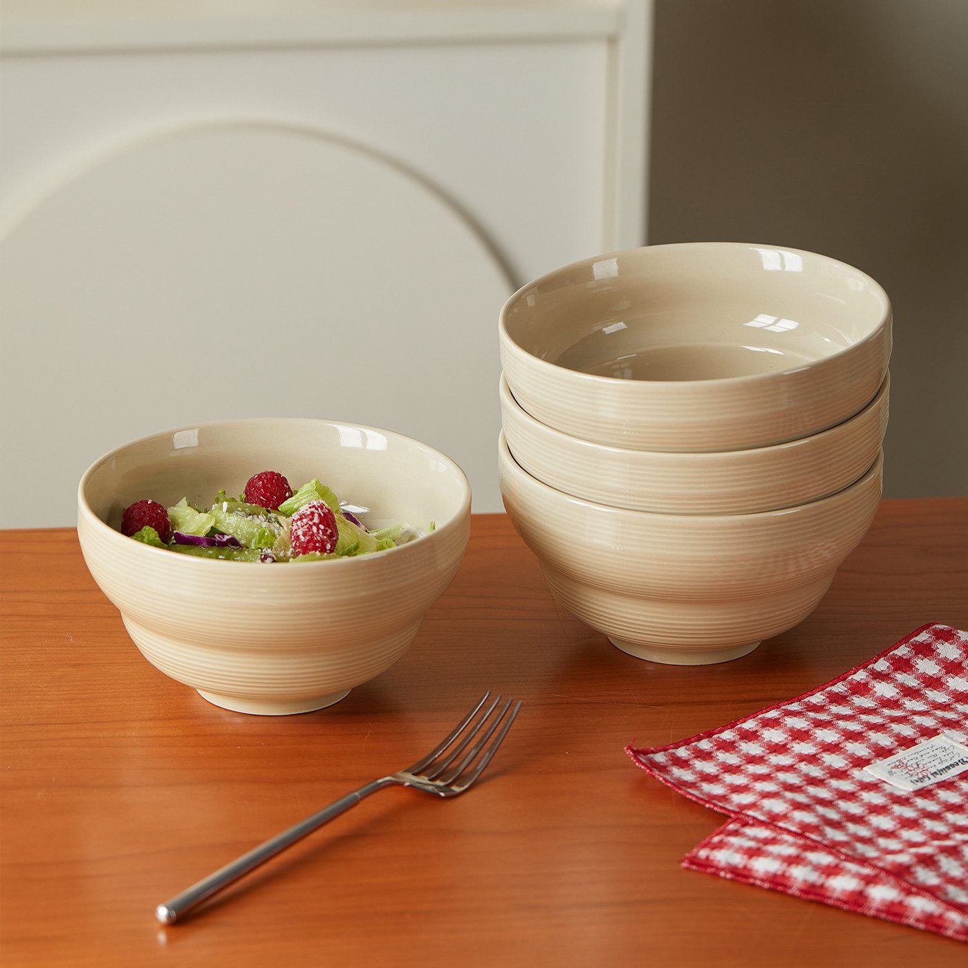 JIWOO Salatschüssel 4er Ø15,3 cm, Müslischüssel Suppenschüssel Dessertschale Obstschale, Keramik, (Schüsselset, 4-tlg), Hochwertiges Schüsseln Braun Mikrowellen spülmaschinenfest