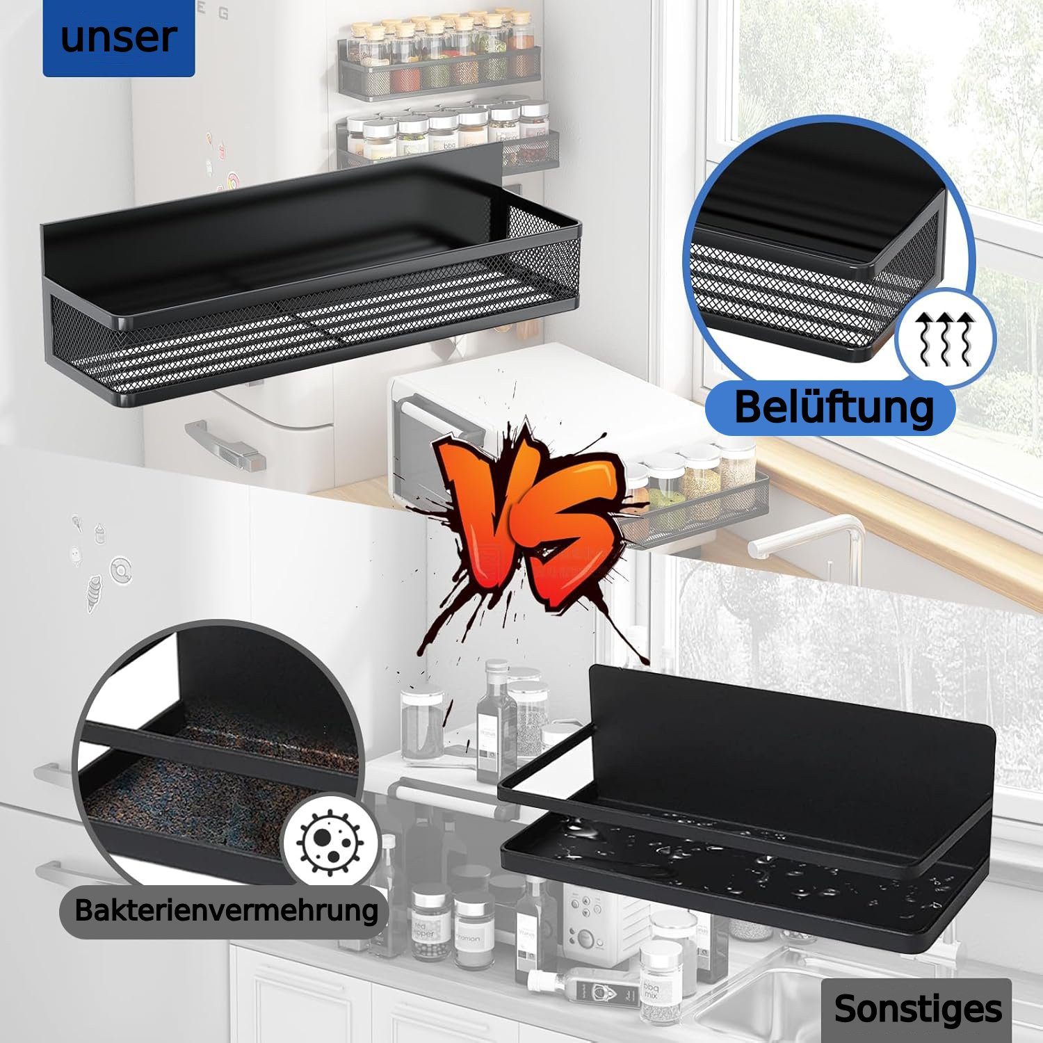 ibettertec Gewürzregal Küchenregal Ablageregal Kühlschrankregal Magnetisches Gewürzregal, mit 8 Haken, ohne Bohren, Abnehmbares mobiles Gewürzregal, Geeignet fü – Bild 5 von 5