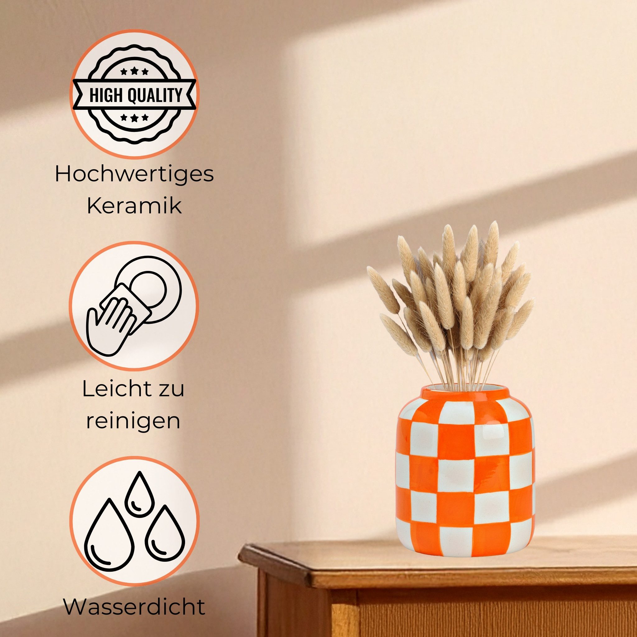 matches21 HOME & HOBBY Dekovase Blumenvasen Set kariert, orange weiß in Ø 10 x 12 cm (1 St), Moderne Keramik Vase als Wohnzimmerdeko