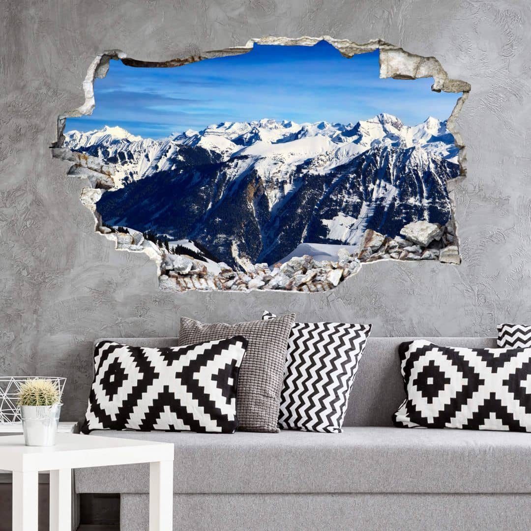 im Wandtattoo Alpenpanorama Aufkleber Wandtattoo selbstklebend Mauerdurchbruch Gebirge 3D K&L Wall Wandbild Art Wandsticker, Schnee