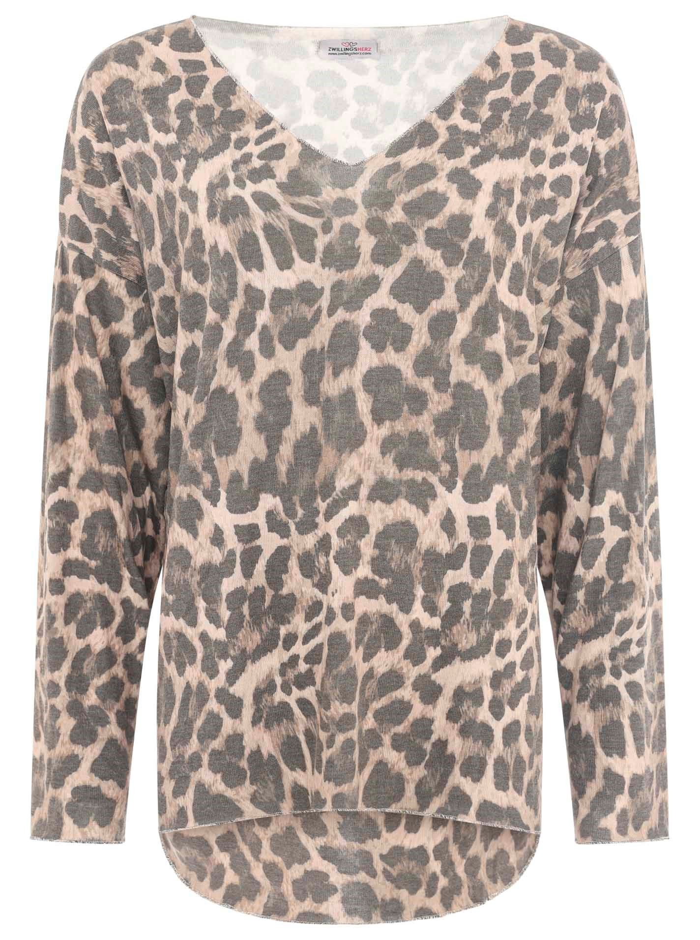 Zwillingsherz Langarmshirt Leo-Muster, Langarm, V-Ausschnitt, hinten günstig online kaufen