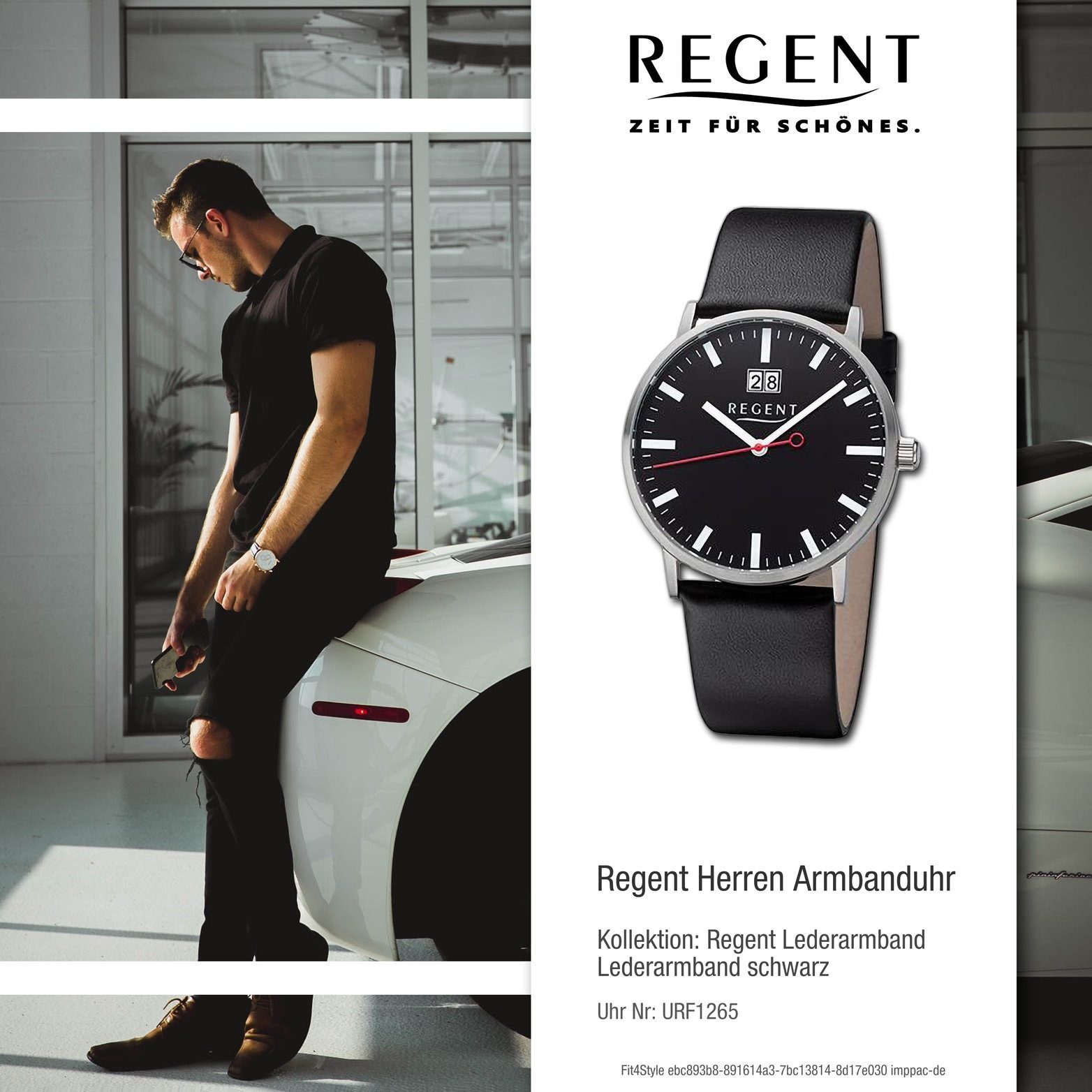 Armbanduhr (ca. Herren extra 39mm) groß Quarzuhr Herrenuhr Regent Regent rundes schwarz, Lederarmband Gehäuse, Analog,