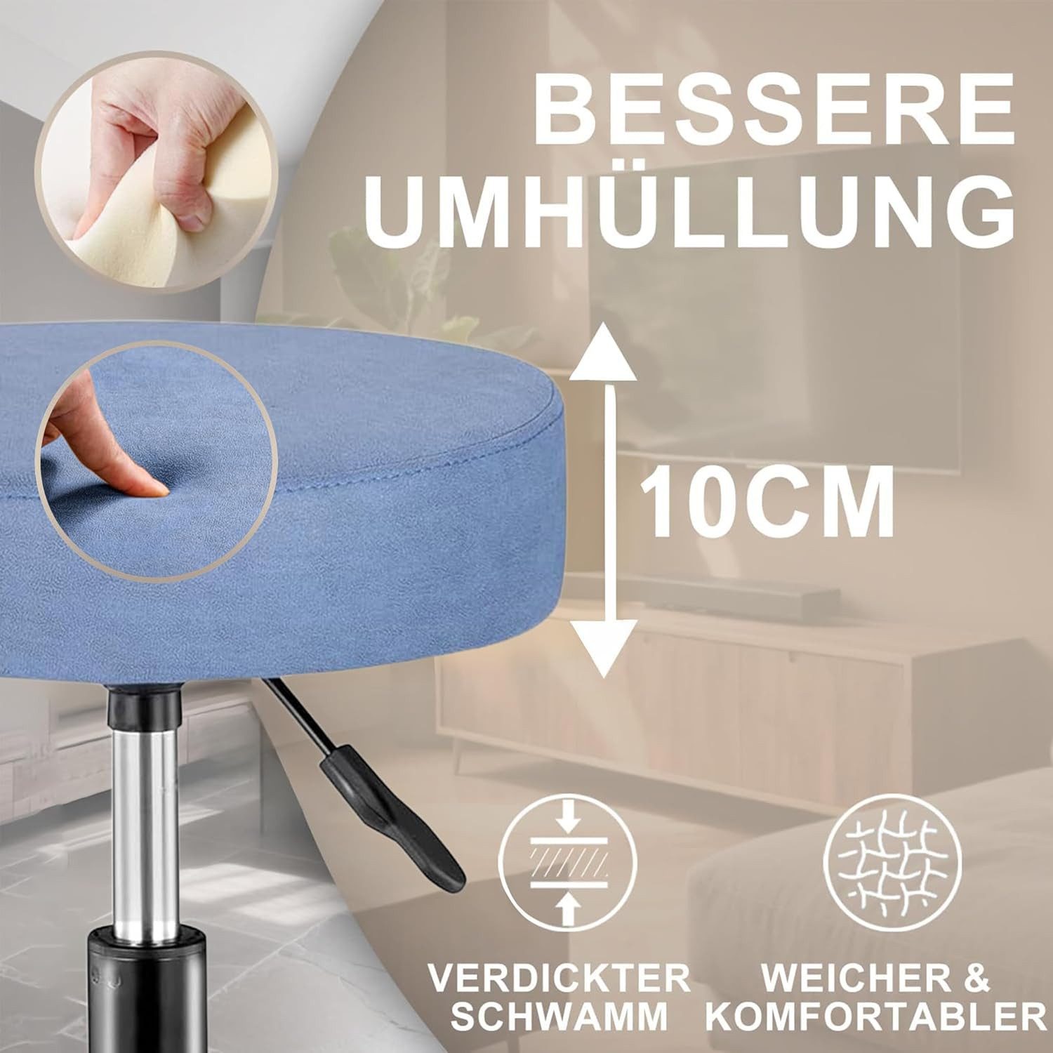 Zedelmaier Hocker Drehhocker Bürohocker Barhocker Arbeitshocker Polsterung, 44-58cm Höhenverstellbarer, 360°drehbar mit 5 Rollen
