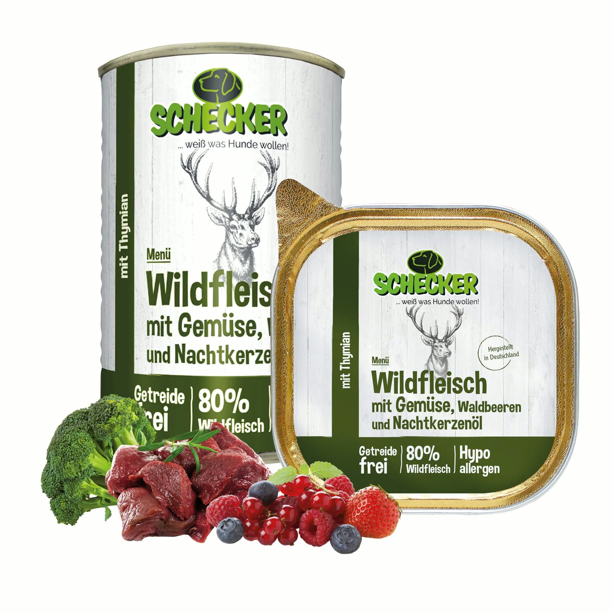 Schecker Wildfleisch mit Gemüse, Waldbeeren und Nachtkerzenöl Wild, Nassfutter für: Hunde, hypoallergen, hergestellt in Deutschland