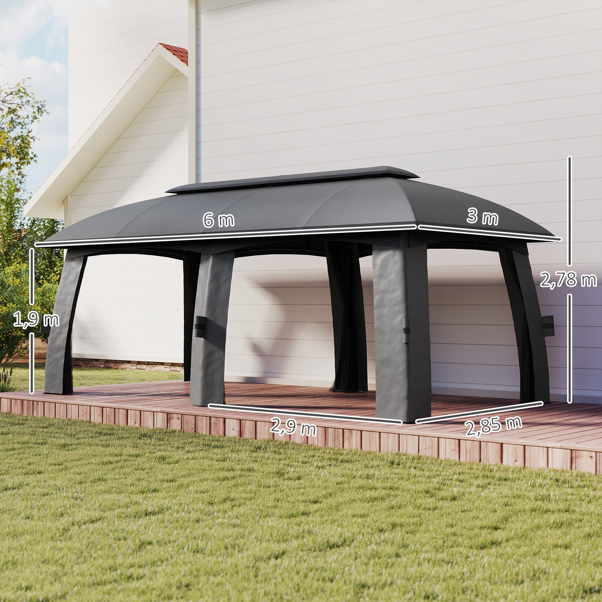 Outsunny Pavillon Partyzelt mit Doppeldach, mit 4 Seitenteilen, (Gartenpavillon, Pavillon), Garten, Terrasse, Balkon, Dunkelgrau