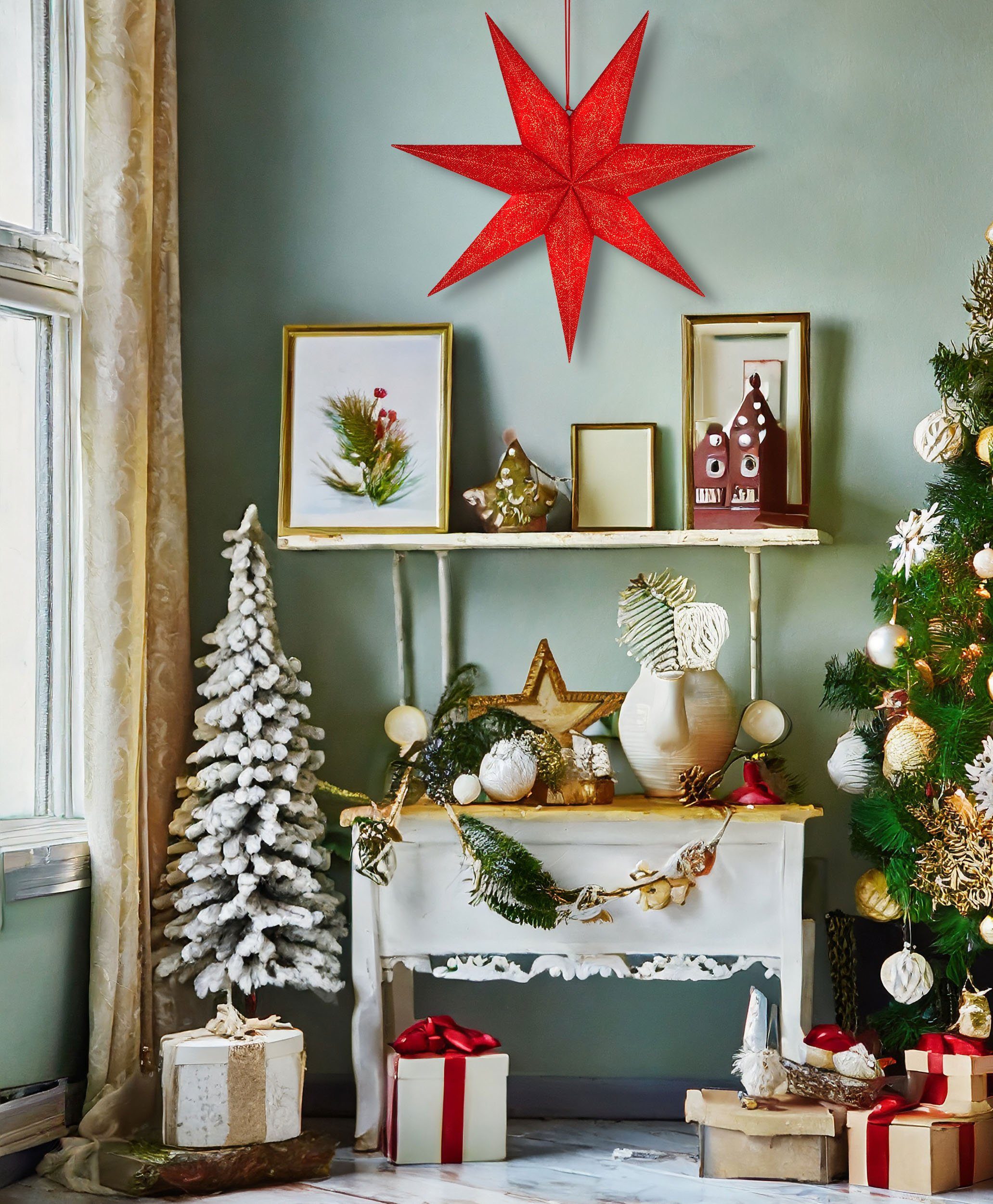 BRUBAKER Dekostern 60 cm Weihnachtsstern für Innen - Adventsstern mit E14 Fassung Hängend, 1 St., 3D Papierstern mit 3,5m Kabel - Fenster Stern Weihnachten Leuchtstern