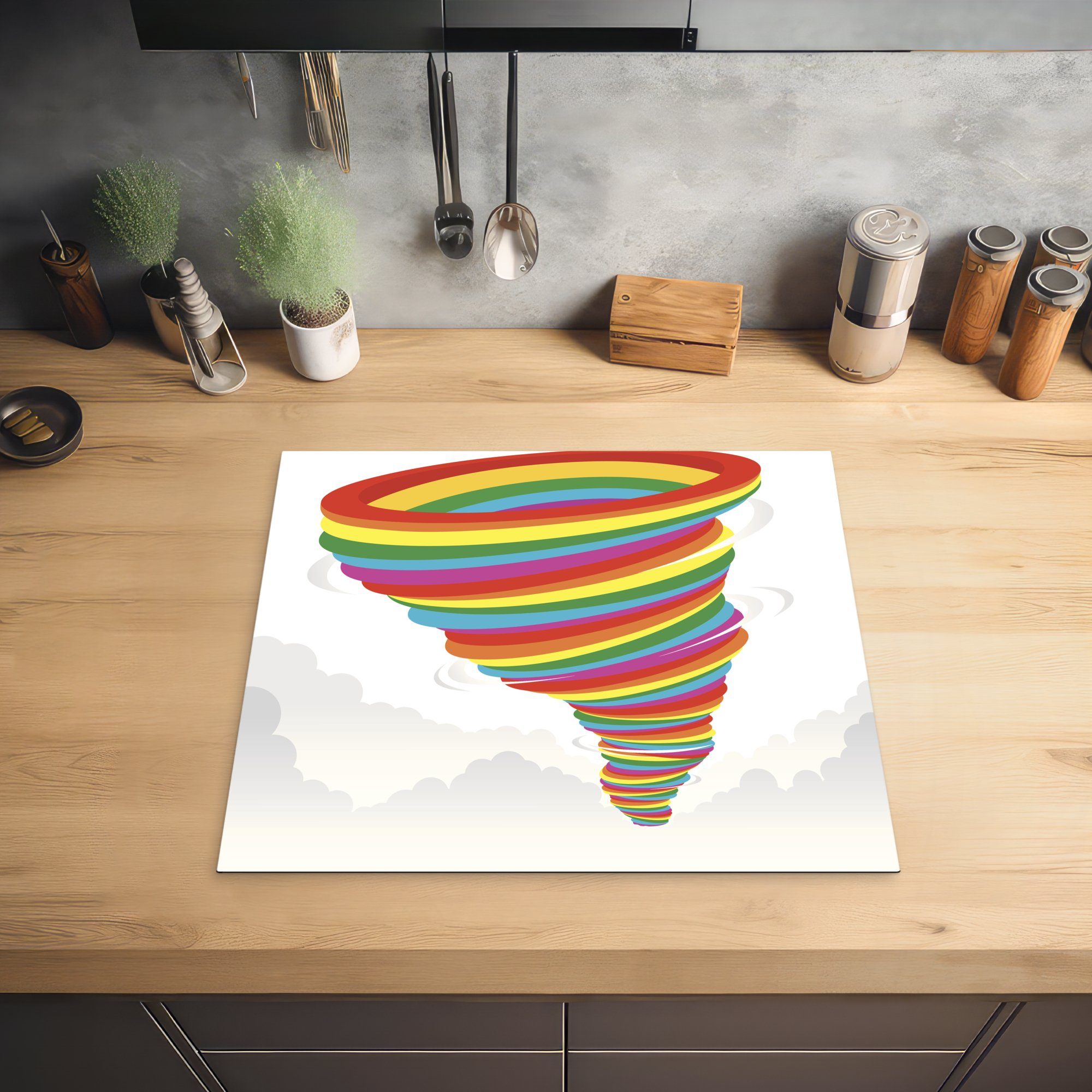 MuchoWow Illustration Arbeitsfläche Regenbogens, eines Eine nutzbar, Tornados des Ceranfeldabdeckung cm, Vinyl, Herdblende-/Abdeckplatte 60x52 tlg), Mobile Farben (1 den in
