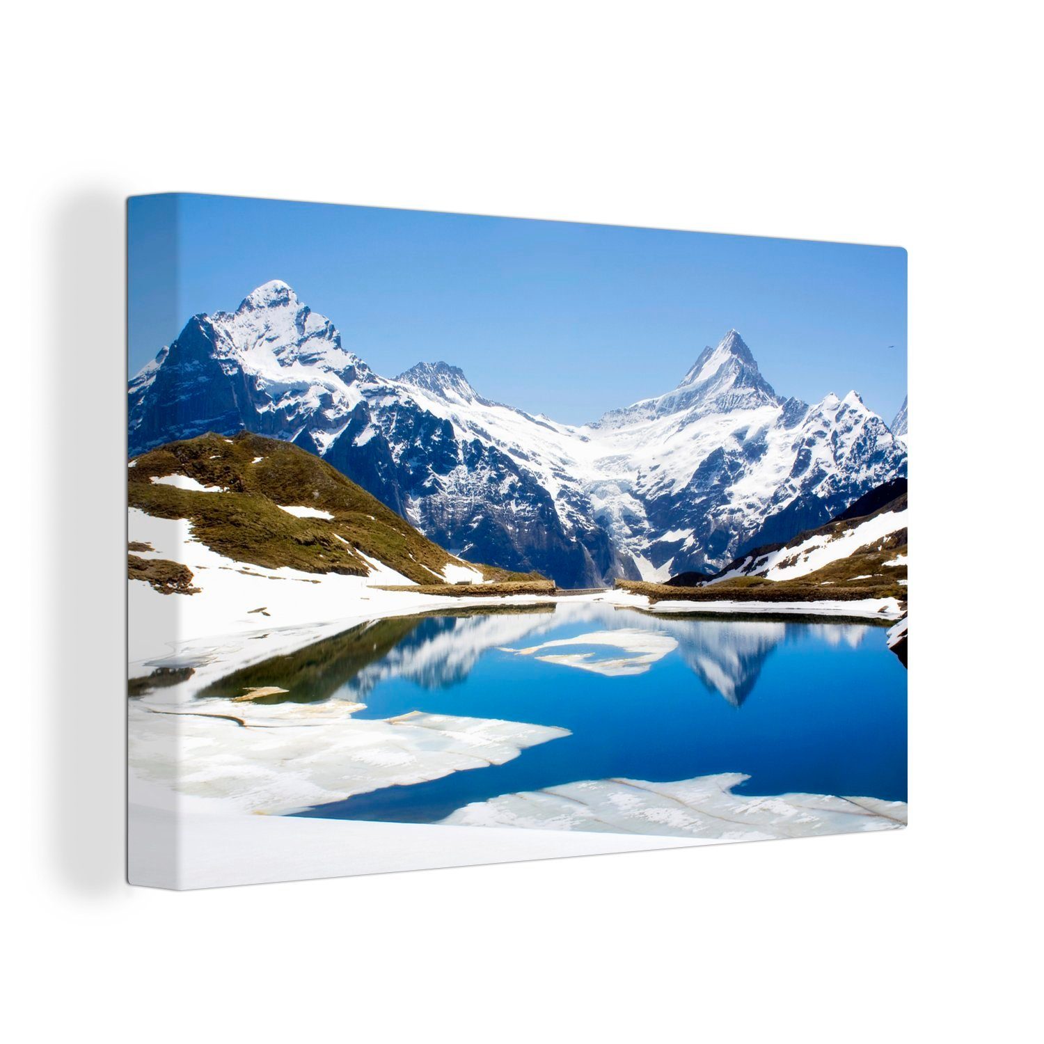 Aufhängefertig, der See, einem Wandbild Schweiz 30x20 cm in Leinwandbilder, (1 schneebedeckten Leinwandbild Berge Spiegelung der OneMillionCanvasses® in Wanddeko, St),