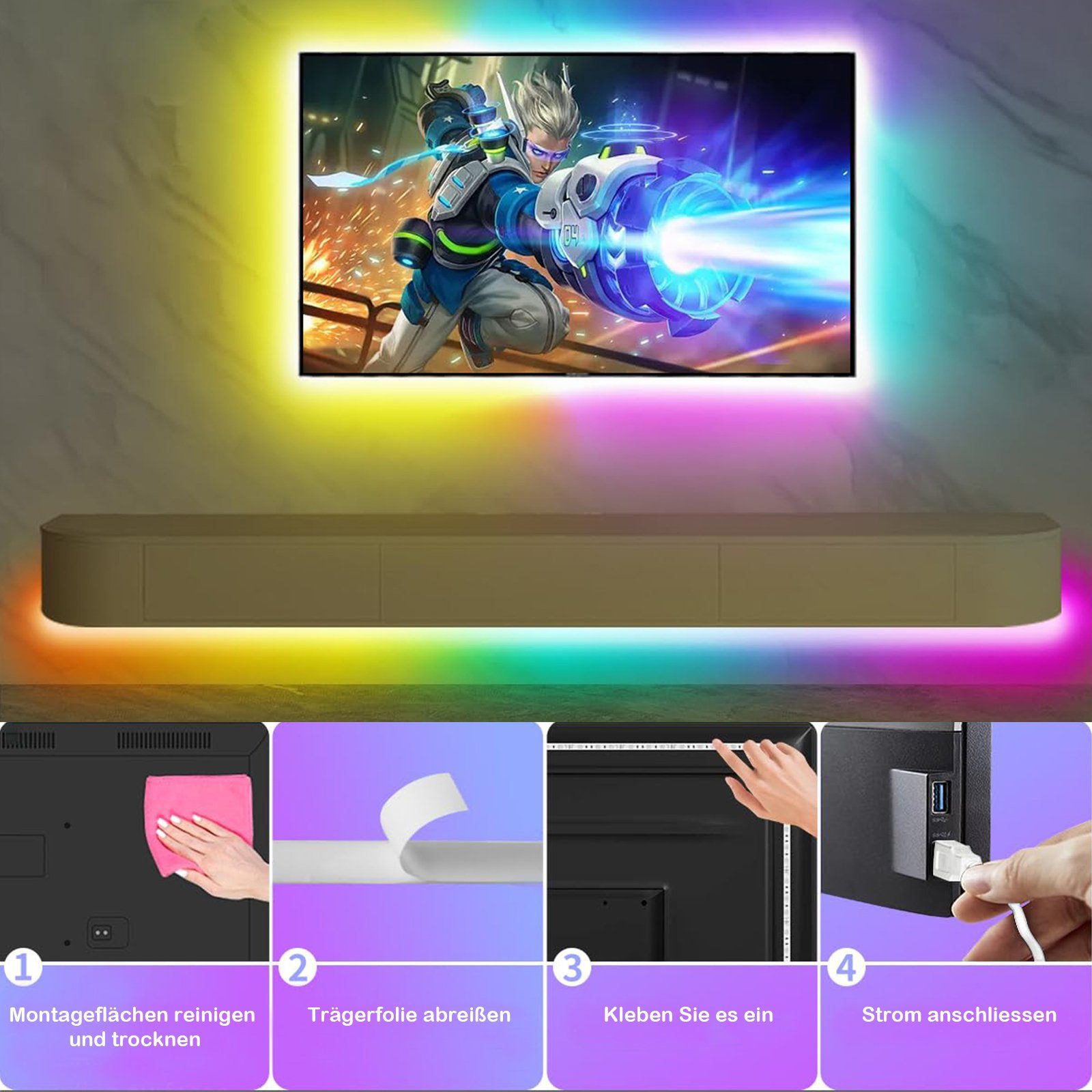 MUPOO LED Lichtleiste RGB LED-Streifen USB TV-Hintergrundbeleuchtung, LED-Stripe Nachtlicht, 2M--Fernbedienung, Musik-Sync,Gaming-Dekor Atmosphäre,LED Nachtlicht