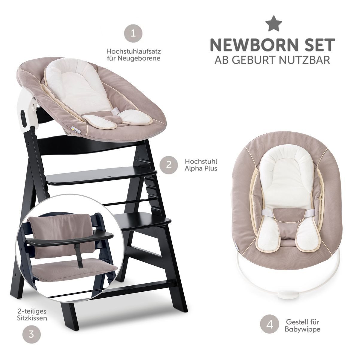 Hauck Hochstuhl Alpha Plus Black Newborn Set - Stretch Beige (Set), Holz Ba günstig online kaufen