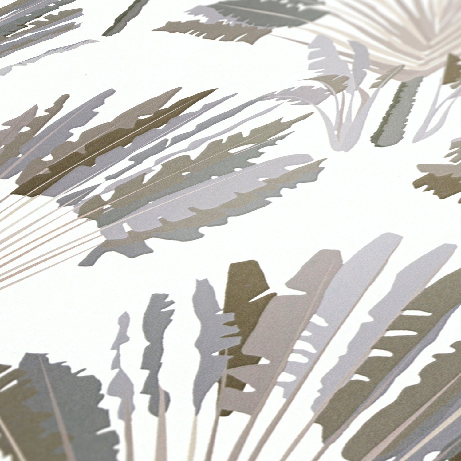 Jungle Chic, botanisch, Paper Dschungel glatt, Federn floral, Architects Tapete grau/weiß/braun Palmentapete tropisch, Vliestapete