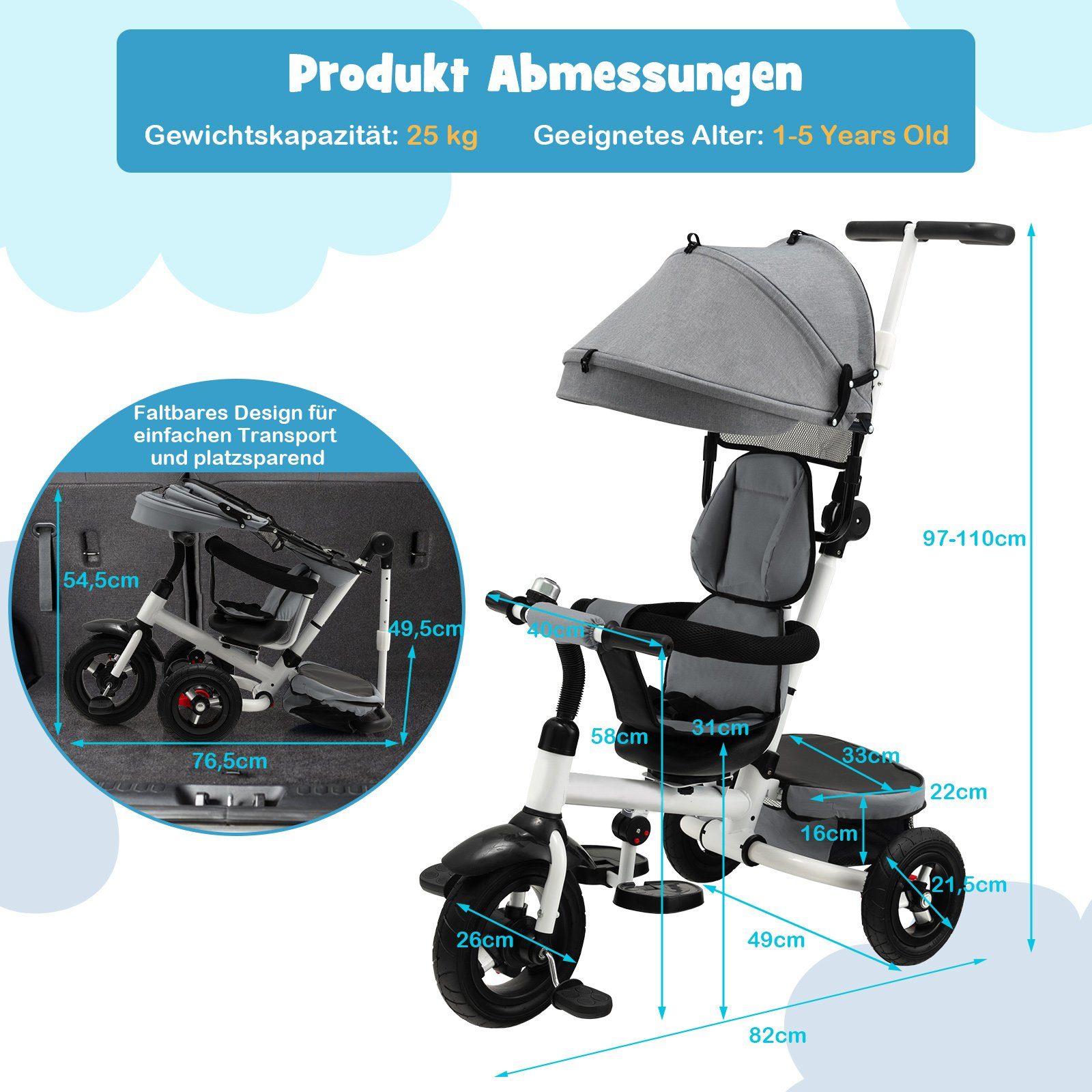 COSTWAY Dreirad, 4 in 1 Kinderwagen Lenkstange mit Dach