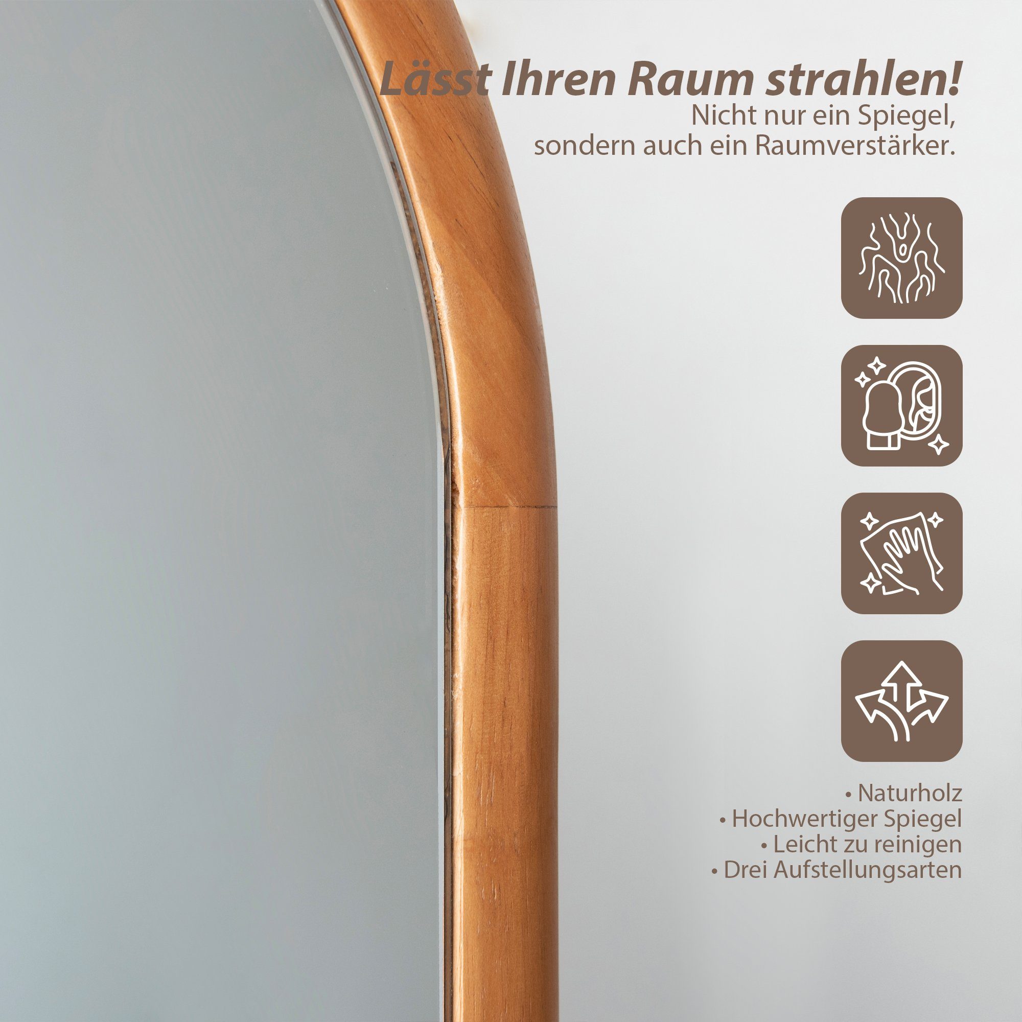 Standspiegel Wandspiegel (1-St) HomeGuru mit Standfuß, Massivholz aus Gebogener Ganzkörperspiegel