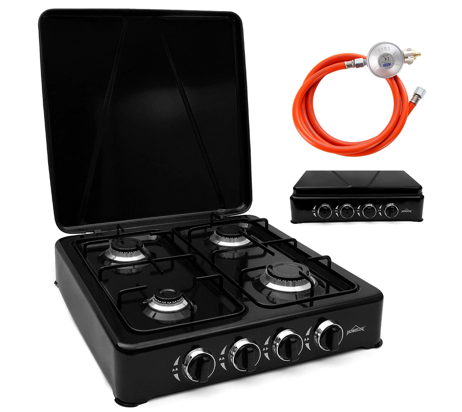 HOMELUX Gaskocher 6,2 KW Gaskocher, 4 Flammig Campingkocher Kochfeld, (2,2 kW + 2x 1,5 kW + 1,0 kW), Gaskocher mit Schlauch-Anschluss und Druckmindere