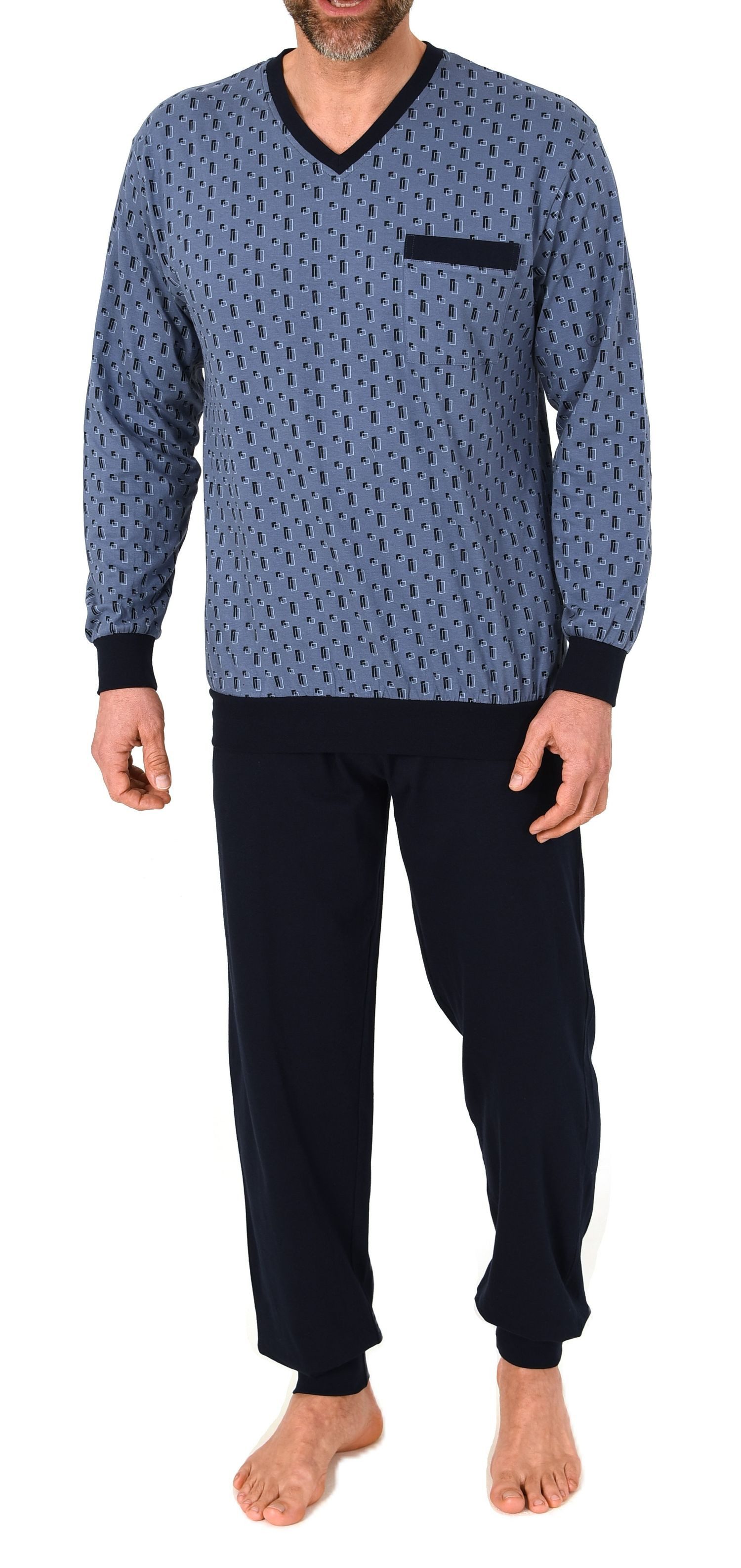 Normann Pyjama Normann Herren Schlafanzug lang mit Bündchen und Minimal Print-Optik