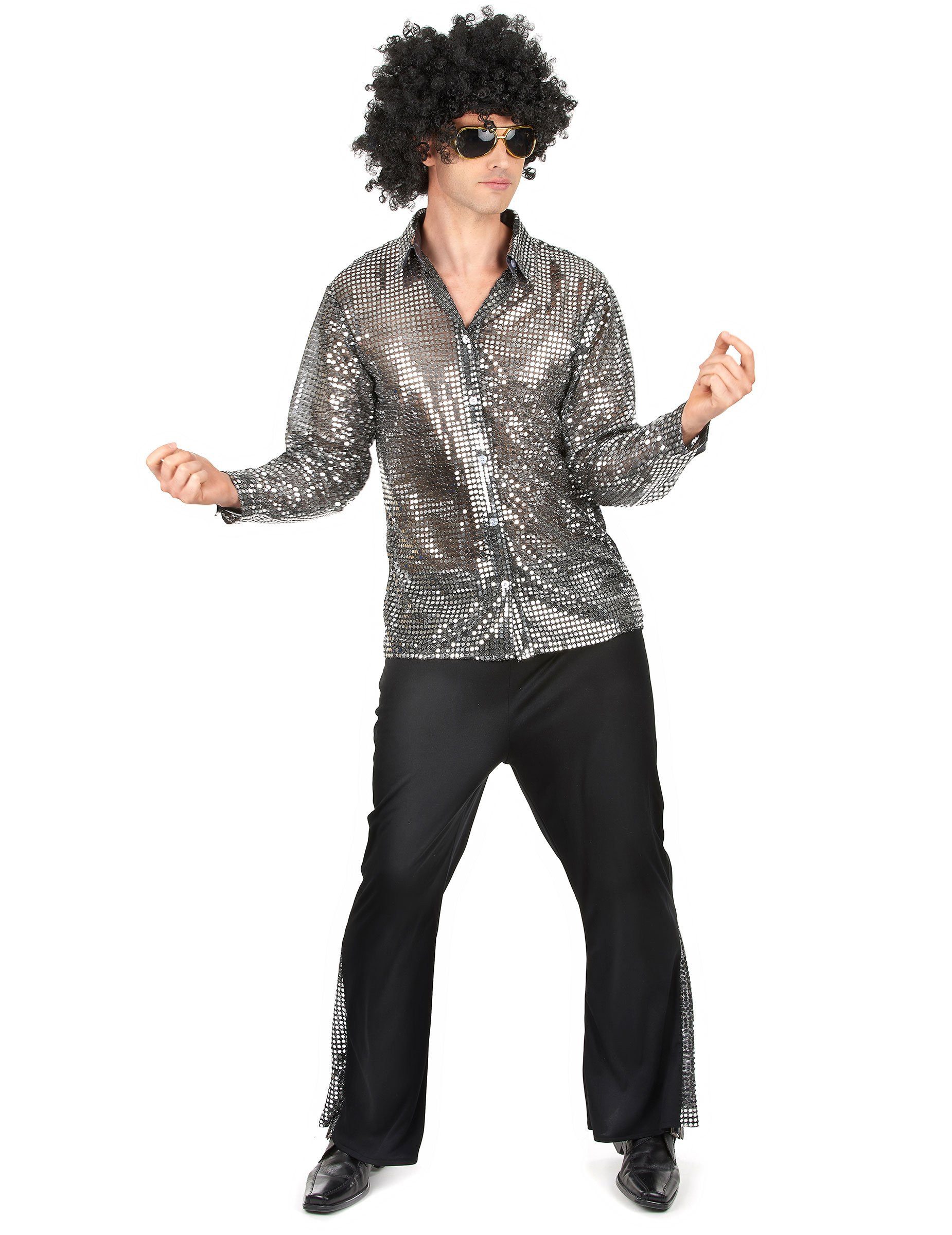 JADEO Kostüm 70er-Disco-Herrenkostüm silber-schwarz