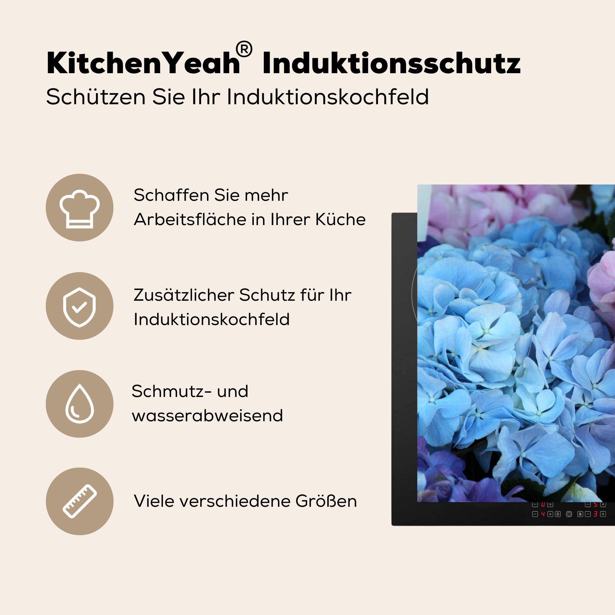 Vinyl, - für Herdblende-/Abdeckplatte MuchoWow Blumen tlg), Schutz cm, - die Ceranfeldabdeckung Botanisch, 81x52 - Hortensie Induktionskochfeld (1 küche, Strauch