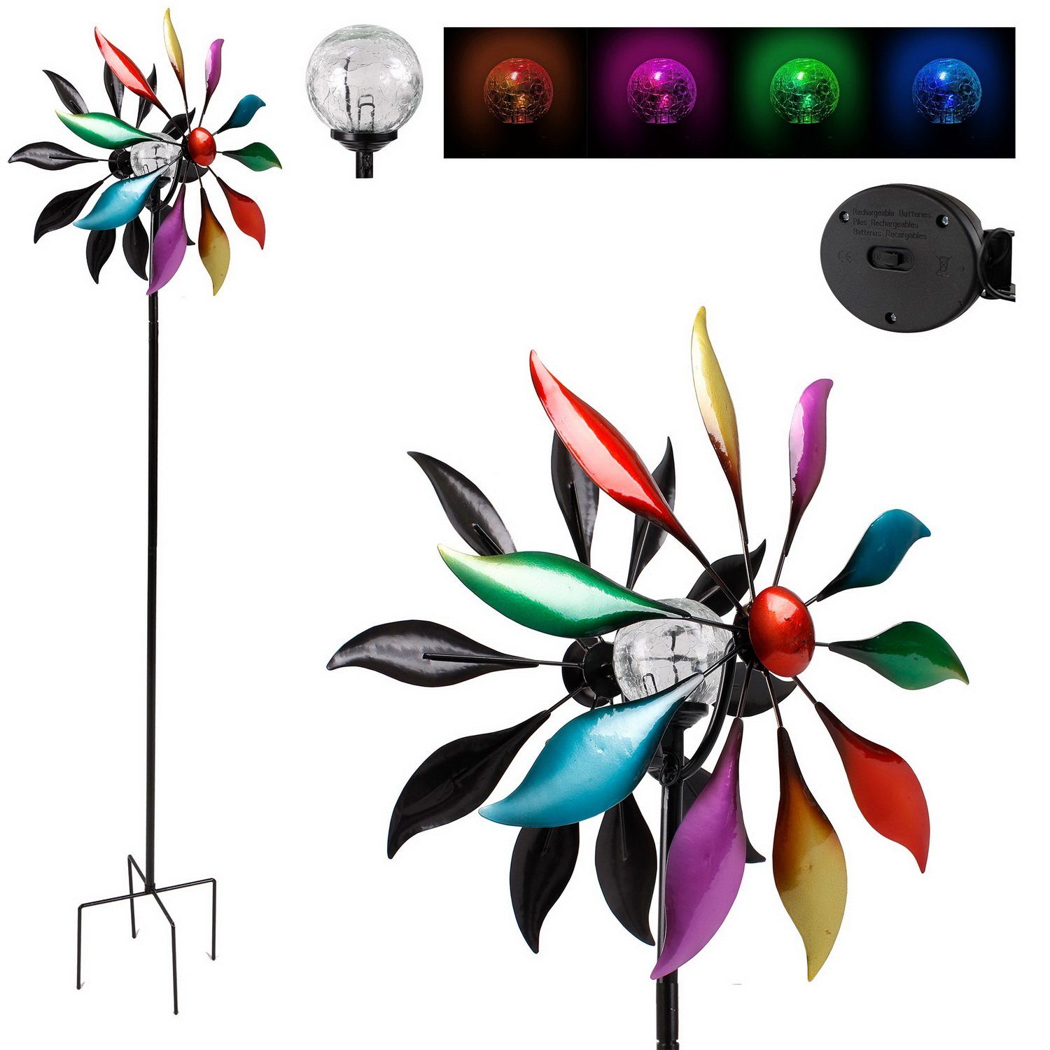 Linder Exclusiv GmbH Windrad Doppelwindrad mit Solarkugel Doppel-Windrad mit LED, Farbwechsel, mit Dämmerungssensor