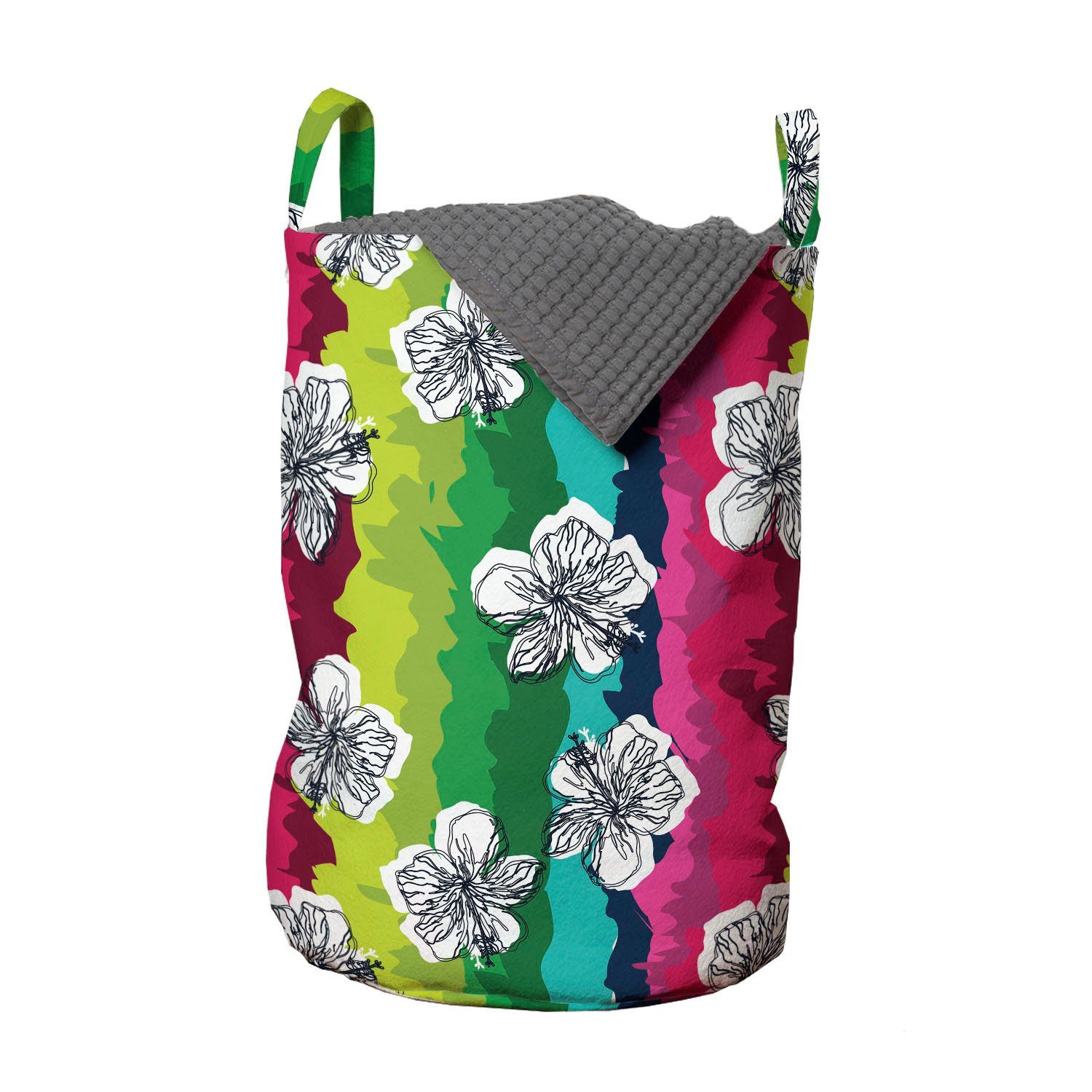 Abakuhaus Wäschesäckchen Wäschekorb mit Griffen Kordelzugverschluss für Waschsalons, Sommer Hibiscus auf bunte Streifen
