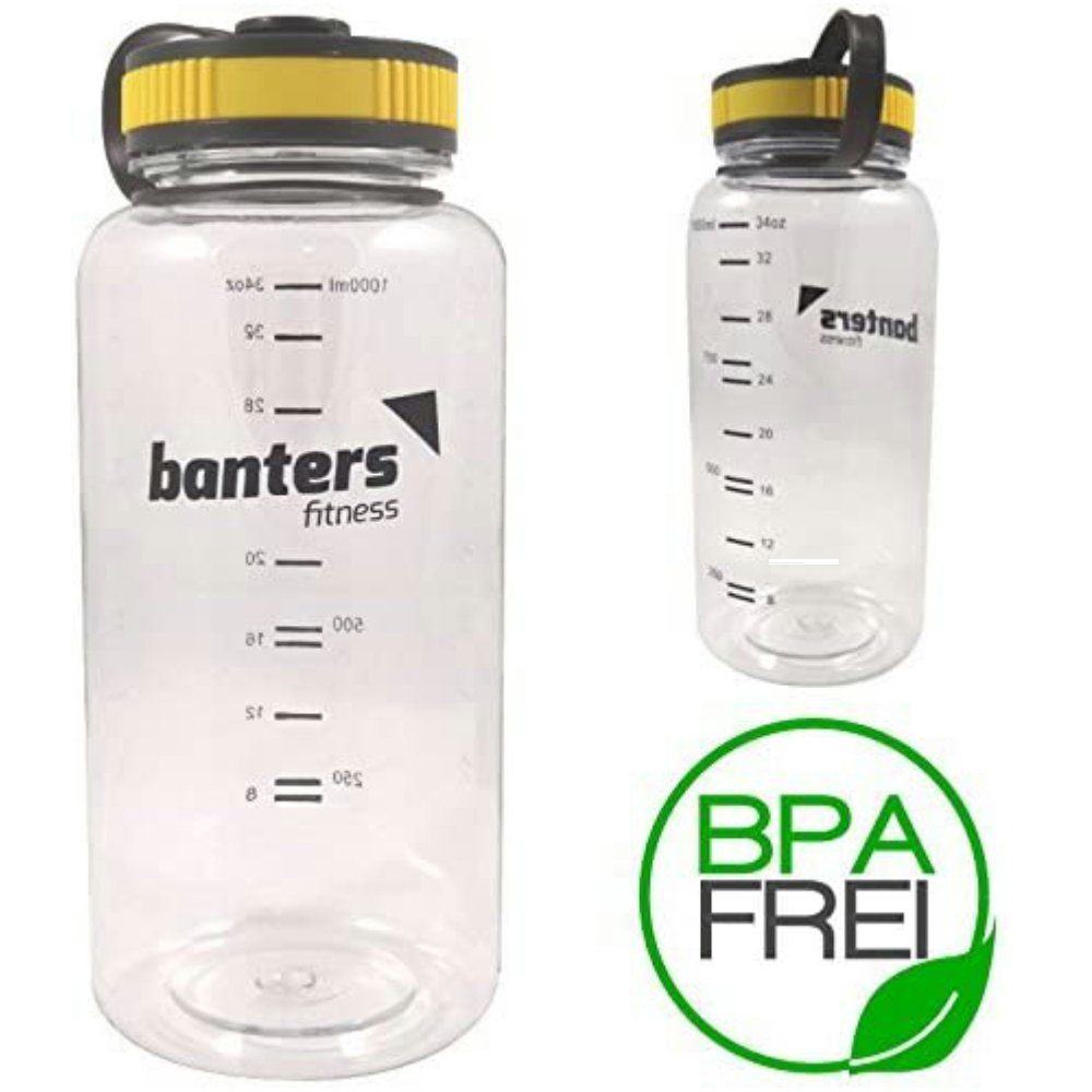 BANTERS Trinkflasche 1 Liter BPA-frei extra bruchsicher & Öffnung, Schraub-Verschluss, extra große dicht, leicht mit