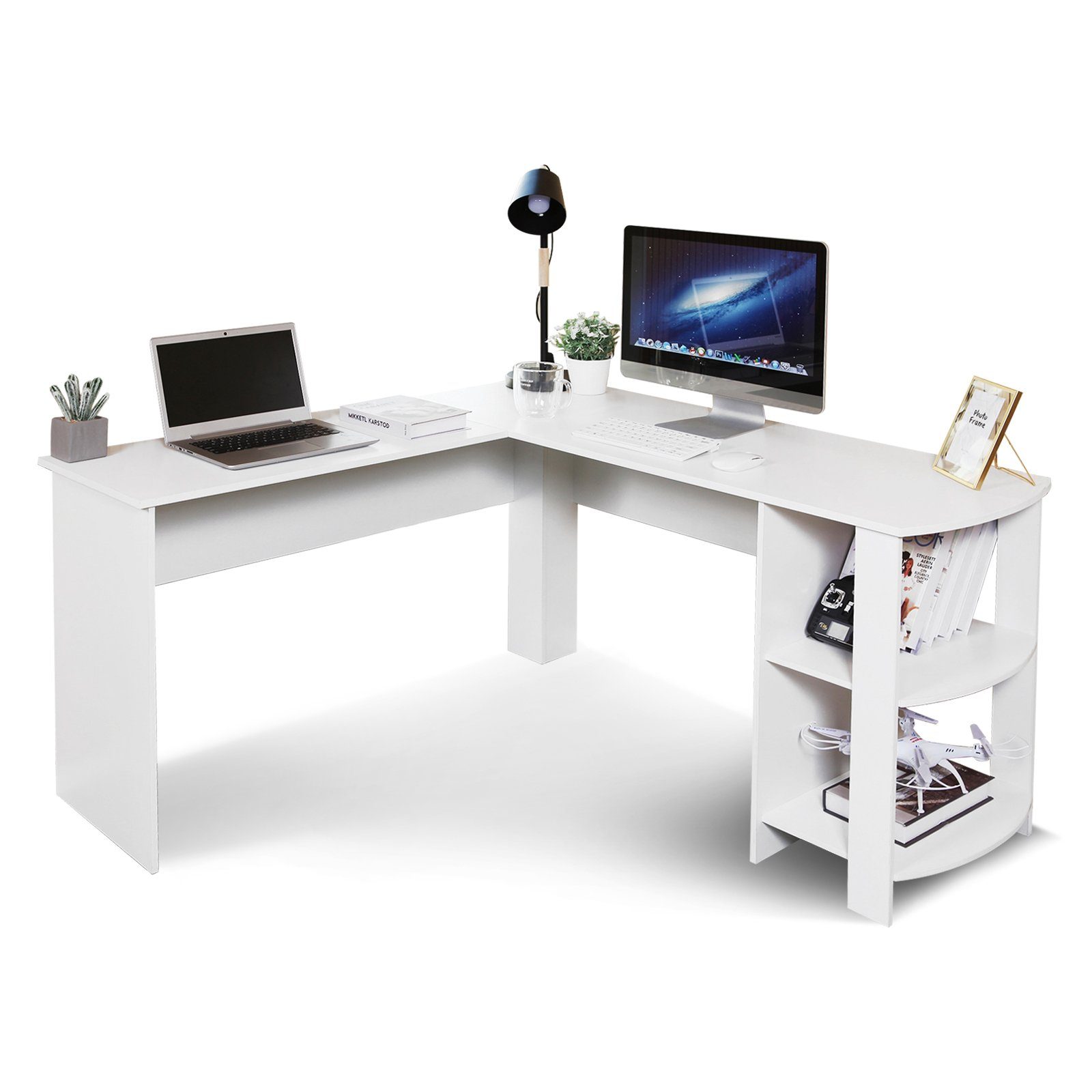 Mondeer Eckschreibtisch L-Computertisch, Weiß mit L-Förmig Weiß Ablagen, 2 | Weiß abgerundeten | Schreibtisch Weiß