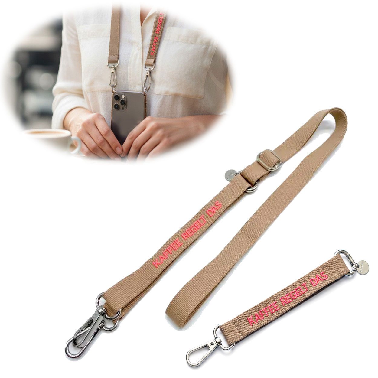 LS-LebenStil Handykette Crossbody Handyband mit Spruch Kaffee regelt Taupe Pink 2 Karabiner Lanyard mit Universal Pad, ideal aus als Schlüsselanhänger Schlüsselband, Universal für jedes Smartphone zum Umhängen oder am Handgelenk