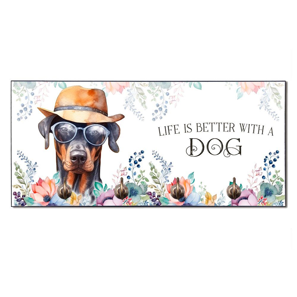 Cadouri Wandgarderobe DOBERMANN Hundegarderobe - Wandboard für Hundezubehör (Garderobe mit 4 Haken), MDF, mit abgeschrägten Ecken, handgefertigt, für Hundebesitzer