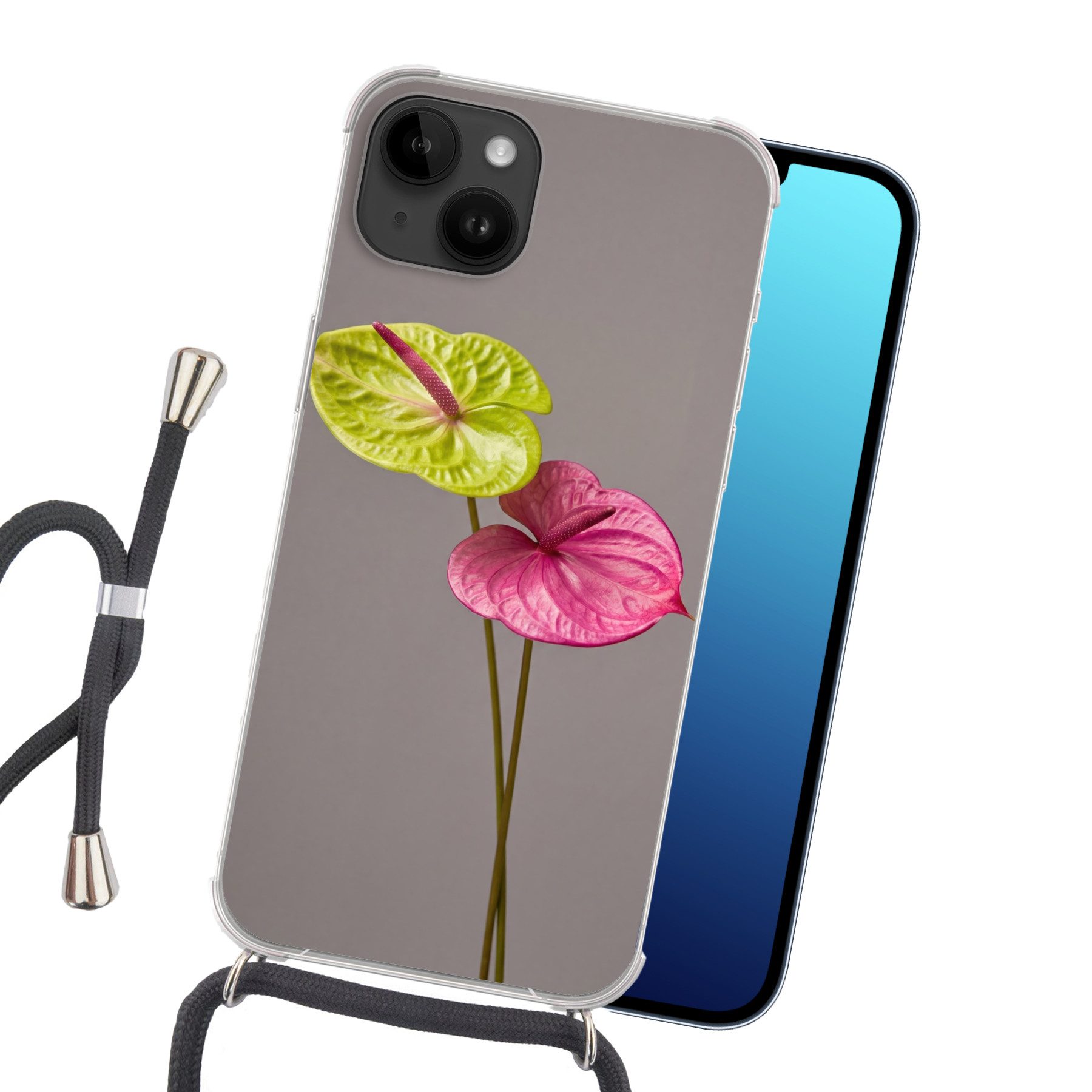 MuchoWow Handyhülle für Apple iPhone 14 Pflanzen - Anthurium - Grün - Rosa, Tragbare Handyhüllen mit Kette zum umhängen, Handykette Handyband