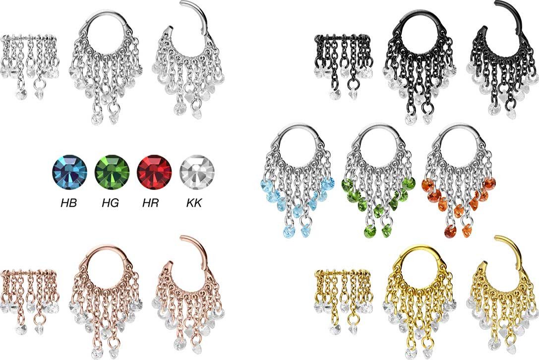 PIERCINGLINE Nasenpiercing Chirurgenstahl Segmentring Clicker KETTENVORHANG + KRISTALLE (Clicker, 1-tlg), Ohrpiercing für Conch, Helix, Tragus, Daith, Lobe