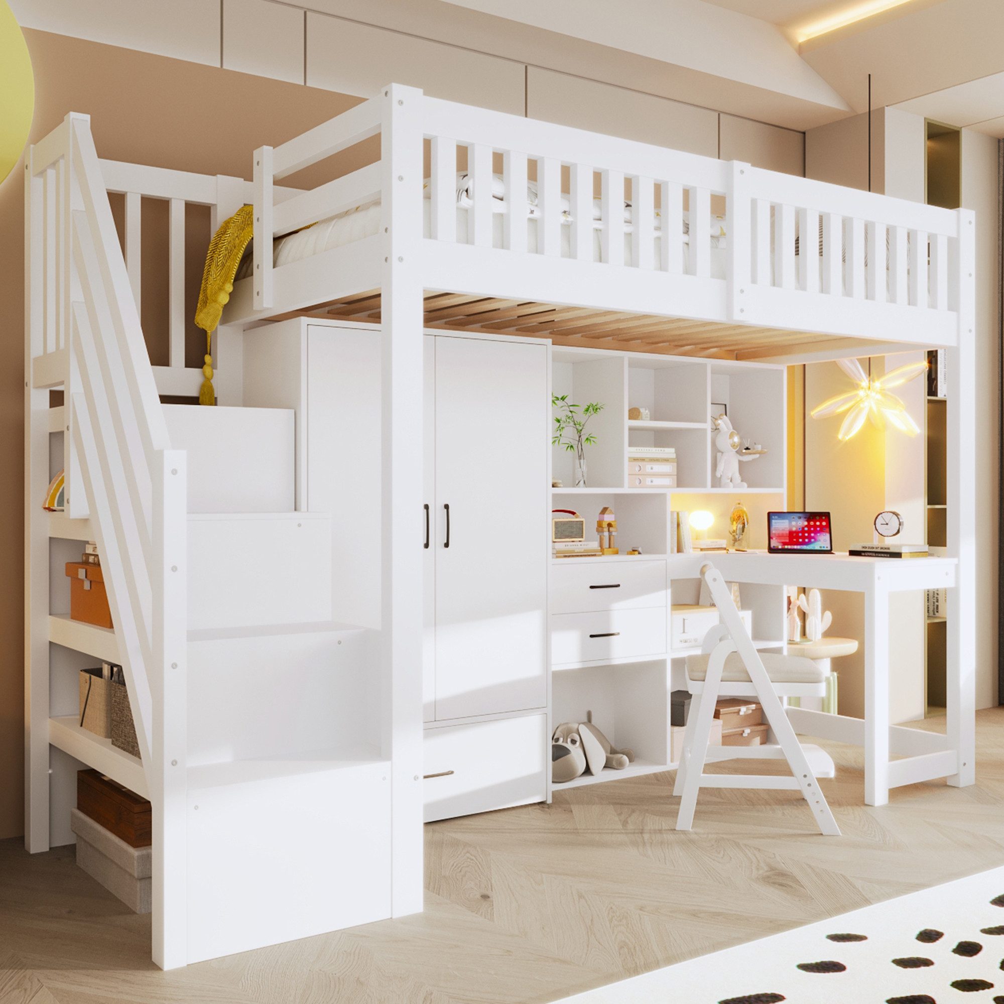 Odikalo Hochbett Kinderbett 90x200 mit Schreibtisch und Großer Stauraum (Hochbett, 90x200cm, Ablageleiter, Kleiderschrank, Schreibtisch, Schubladen, Staufächer, Ohne Matratze, Weiß)