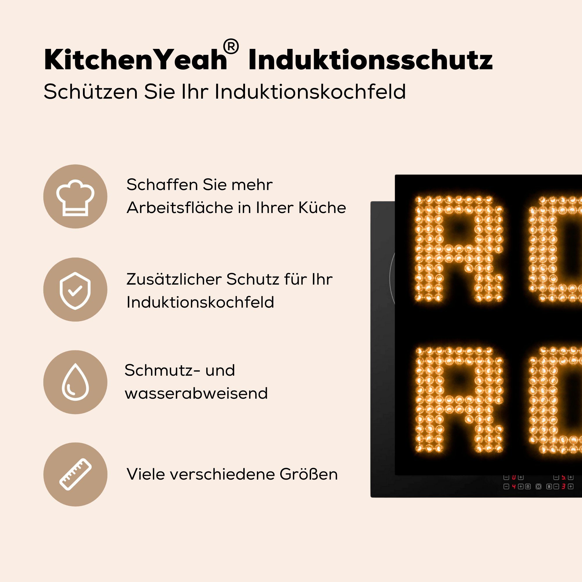 Roll für Herdblende-/Abdeckplatte in 'n' Rock MuchoWow tlg), Schutz 81x52 Der küche, Vinyl, Ceranfeldabdeckung die Glühbirnen, (1 cm, Induktionskochfeld Text