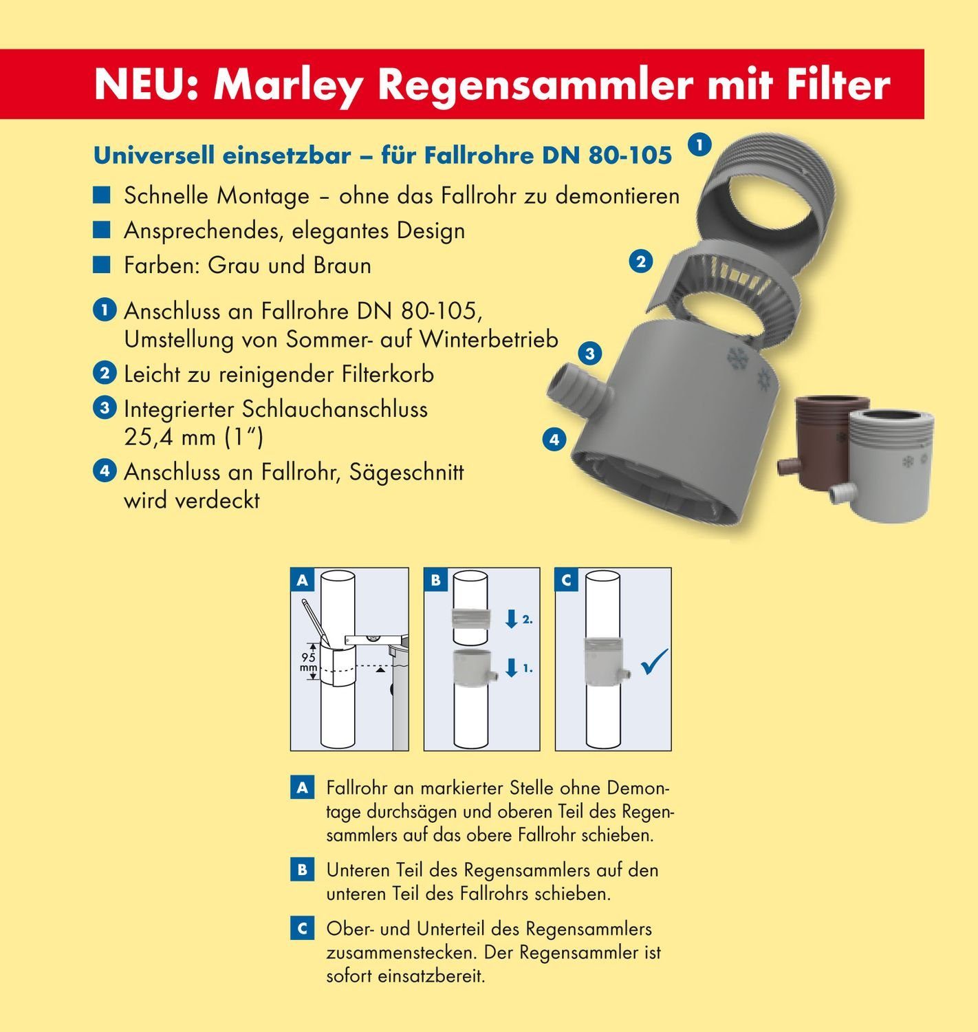 Marley Deutschland GmbH Entwässerungsrinne Regensammler + Filter und Überlaufstop DN 80-105mm grau, 1-St., Hoher Wirkungsgrad >95%