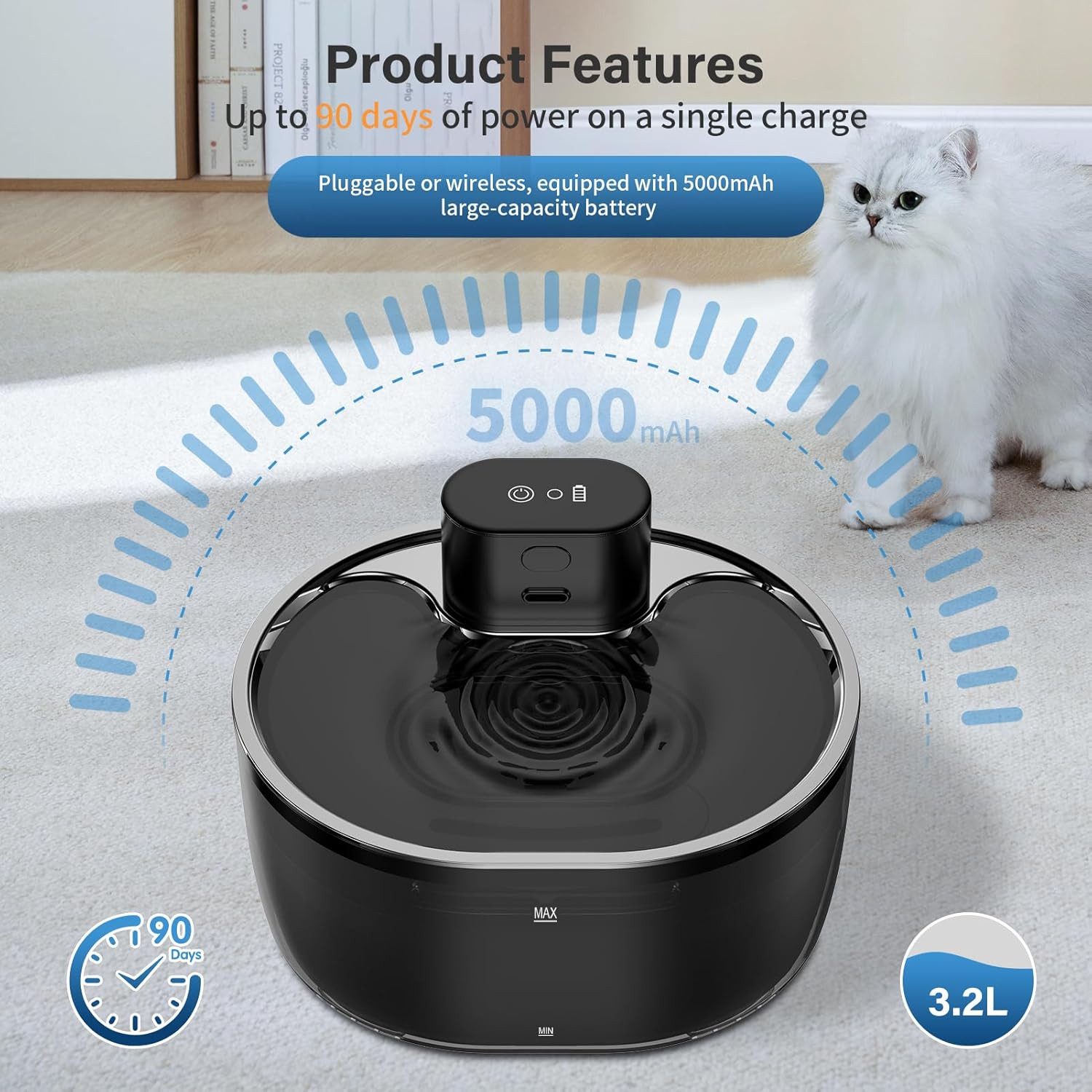 Kityhome Tier-Wasserspender Intelligenter Katzenbrunnen mit Bewegungsmelder 3,2L Tank, Im kreisförmigen modus mit infrarot